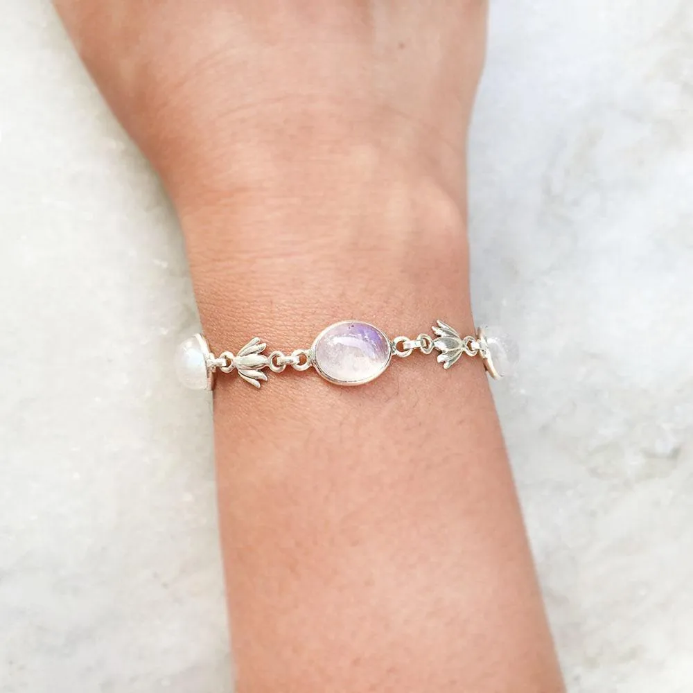 Lotus Rainbow Moonstone Silver Bracelet