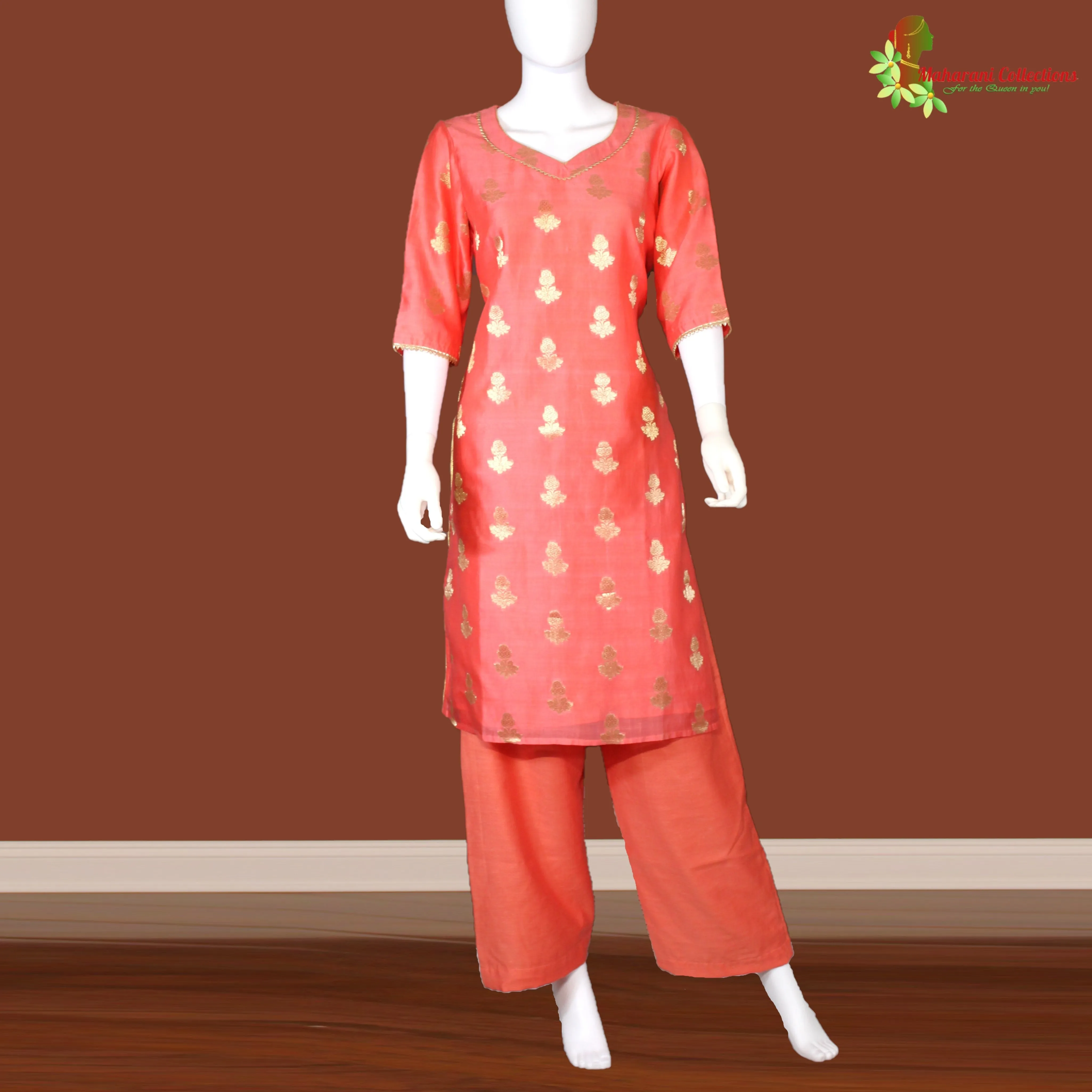 Maharani's Silk Palazzo Suit Set - Coral Pink (M)