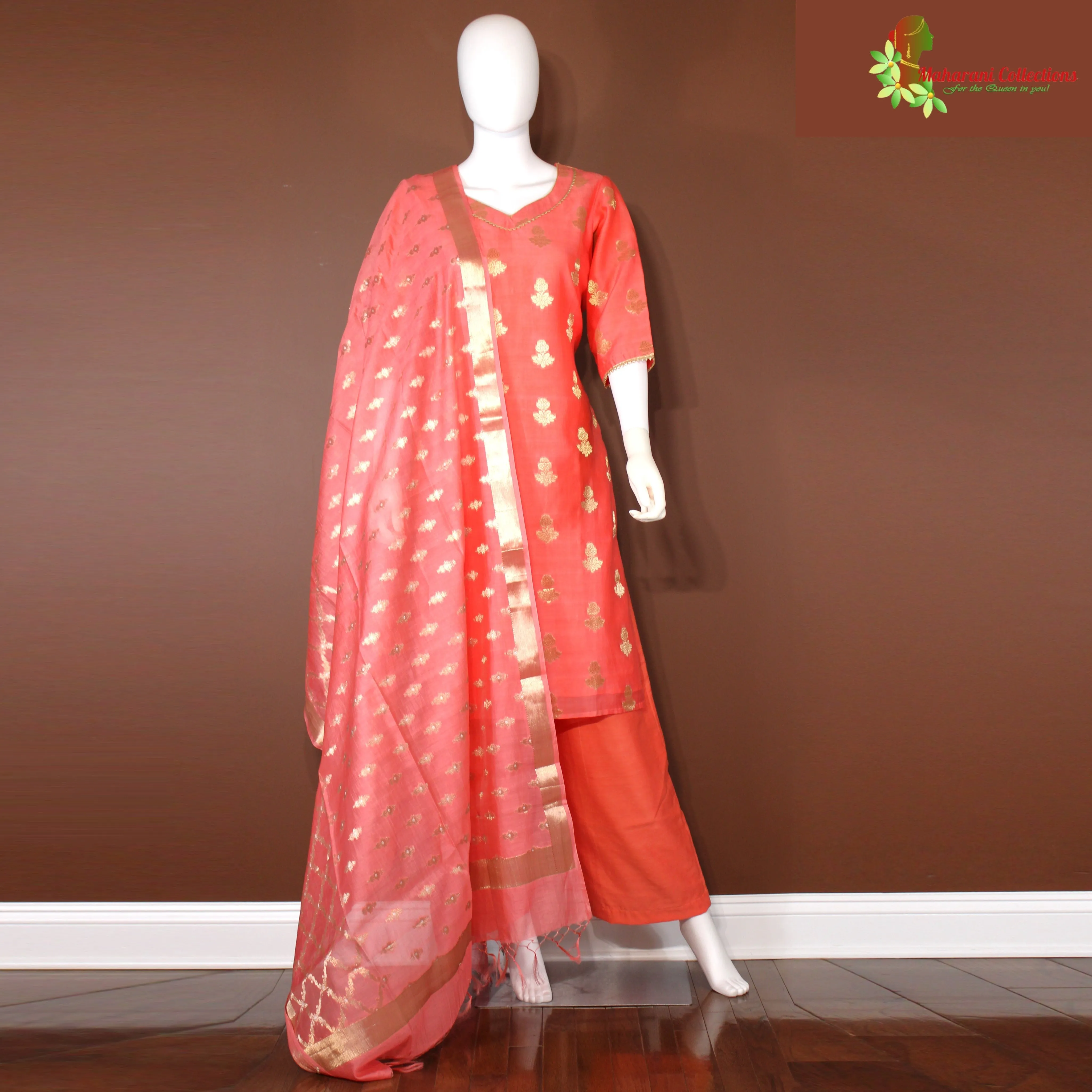 Maharani's Silk Palazzo Suit Set - Coral Pink (M)