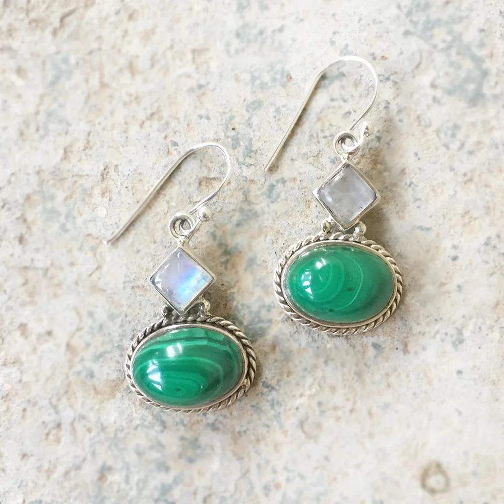 Malachite & Rainbow Moonstone Silver Earring