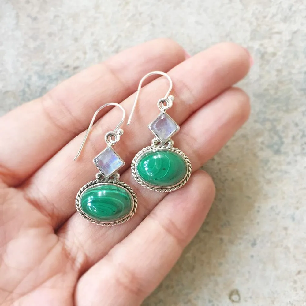 Malachite & Rainbow Moonstone Silver Earring