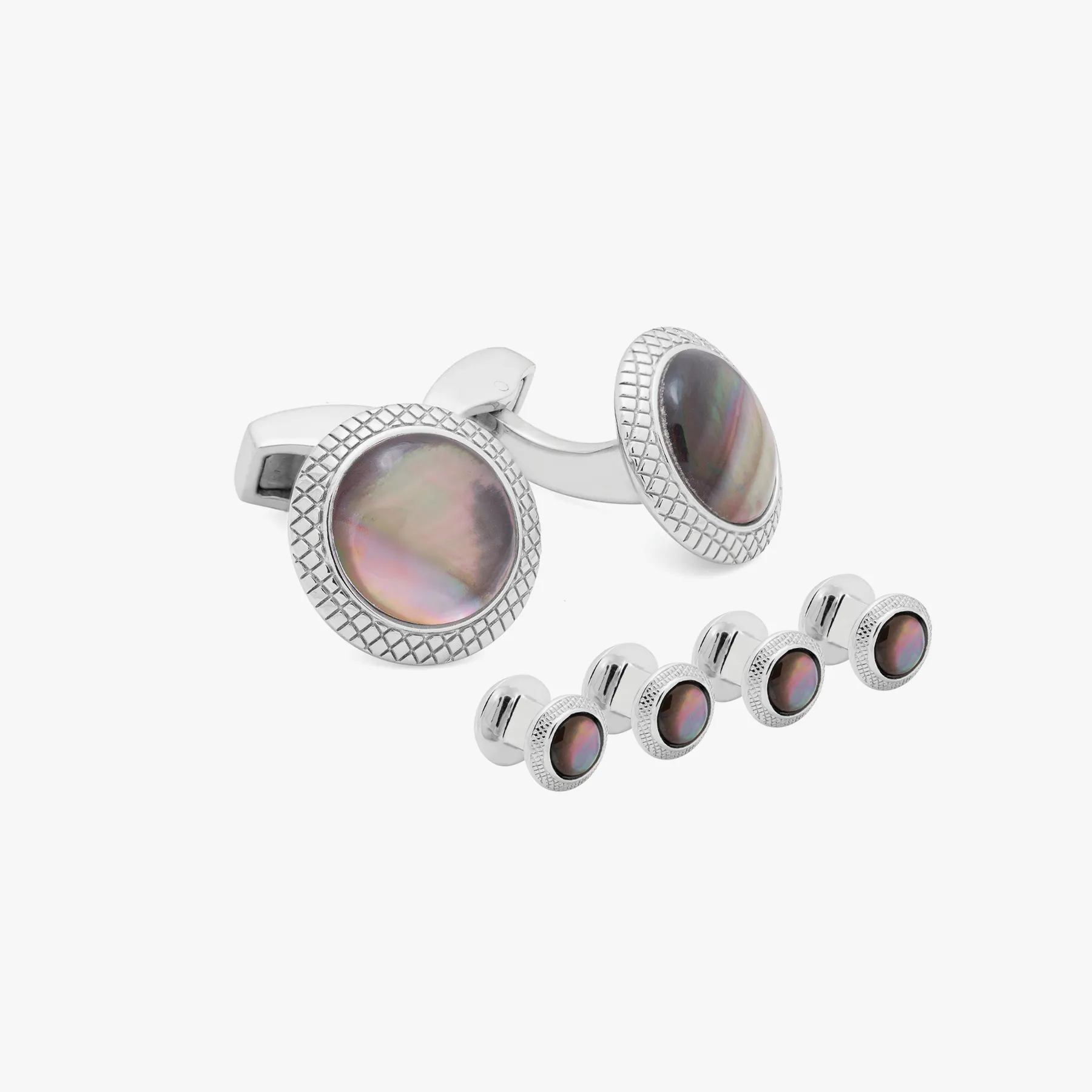Moonlight Bullseye Cufflinks And Studs Set In Black Mother of Pearl With Rhodium Plated