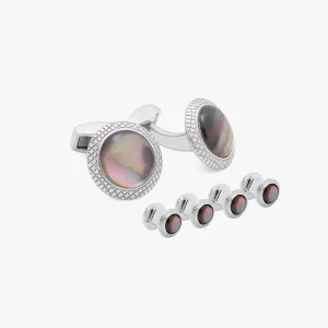 Moonlight Bullseye Cufflinks And Studs Set In Black Mother of Pearl With Rhodium Plated
