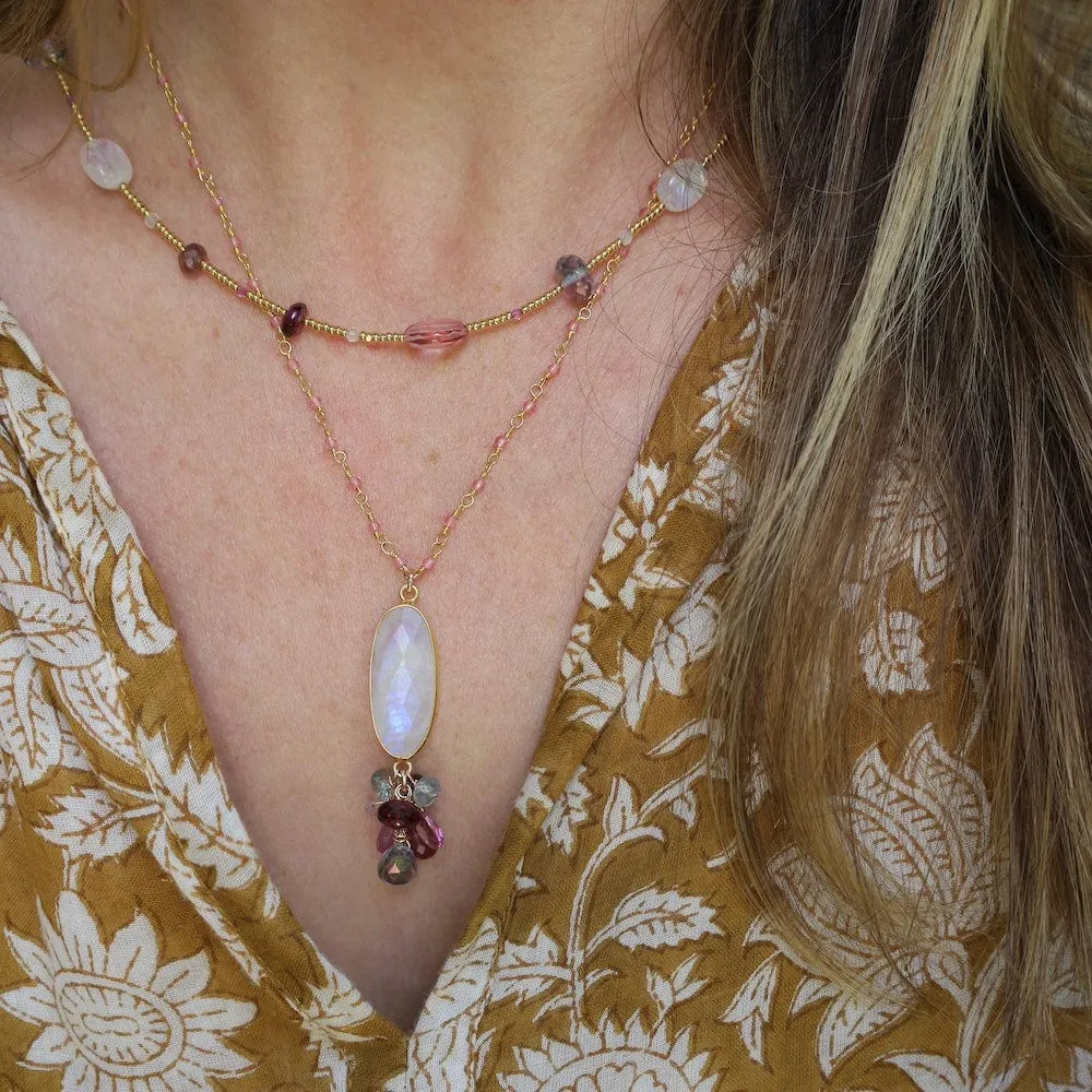 Moonstone & Pink Sapphires Gold Glass Magnetic Clasp Necklace