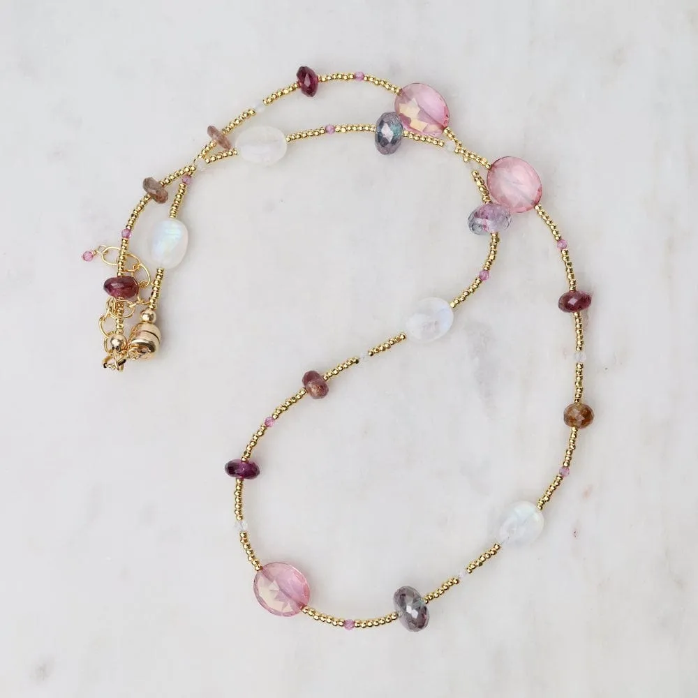 Moonstone & Pink Sapphires Gold Glass Magnetic Clasp Necklace