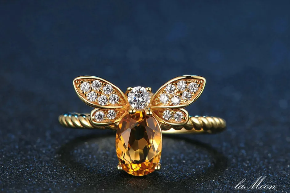 Natural Oval Citrine 925 Sterling Silver Jewelry Wedding Ring with 14K Gold Plated S925 For Women