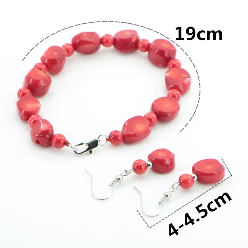 Natural Stone Red Coral Irregular Shape Isolation Round Beads   Jewelry Set