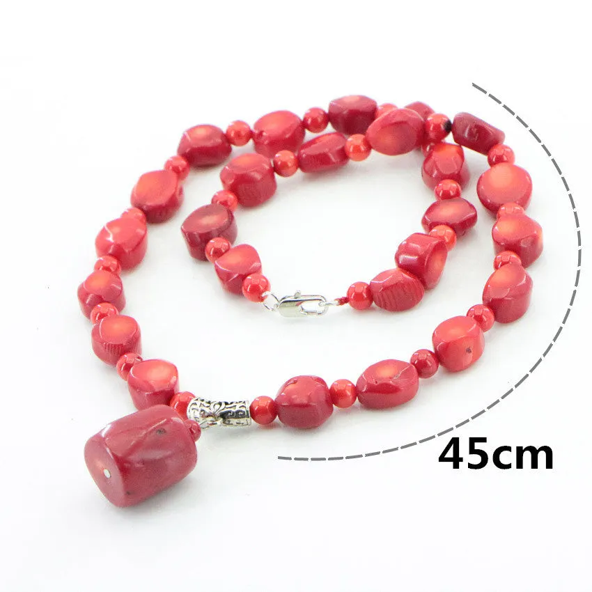 Natural Stone Red Coral Irregular Shape Isolation Round Beads   Jewelry Set