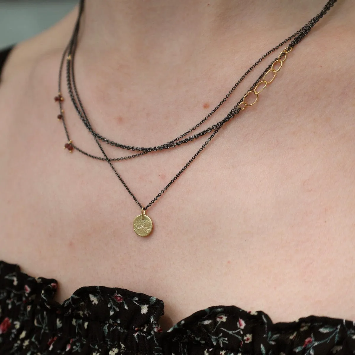 Parchment Disk Triple Chain Necklace with Garnets