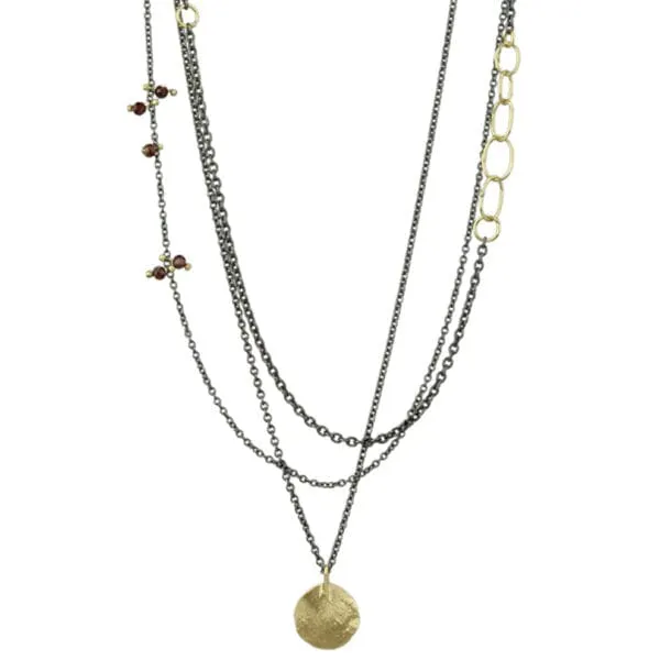 Parchment Disk Triple Chain Necklace with Garnets