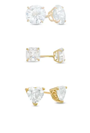 Paris Jewelry 18k Yellow Gold Created White Sapphire 3 Pair Round, Square And Heart Stud Earrings Plated 4mm