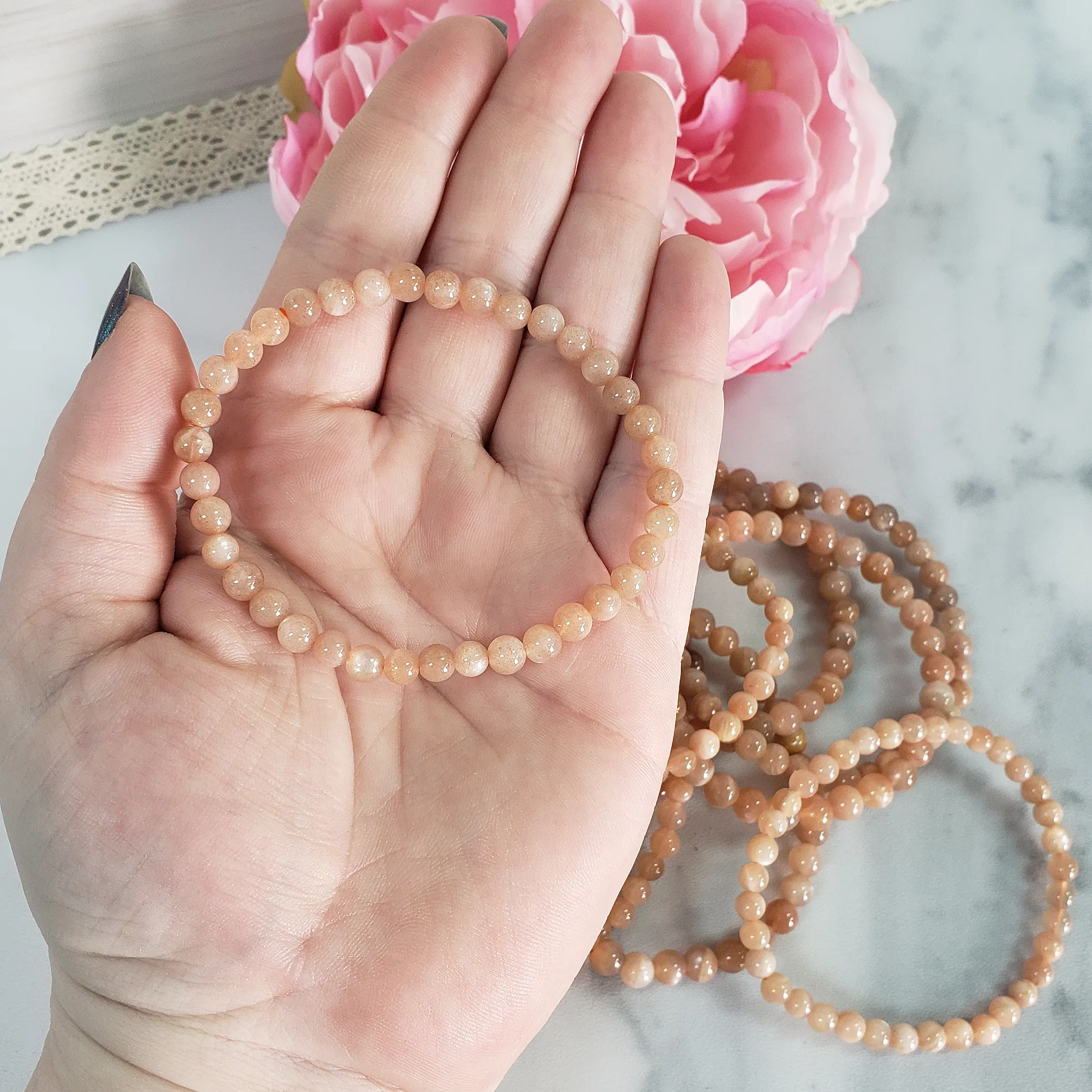Peach Moonstone Crystal Natural Gemstone 4-6mm Beaded Bracelet