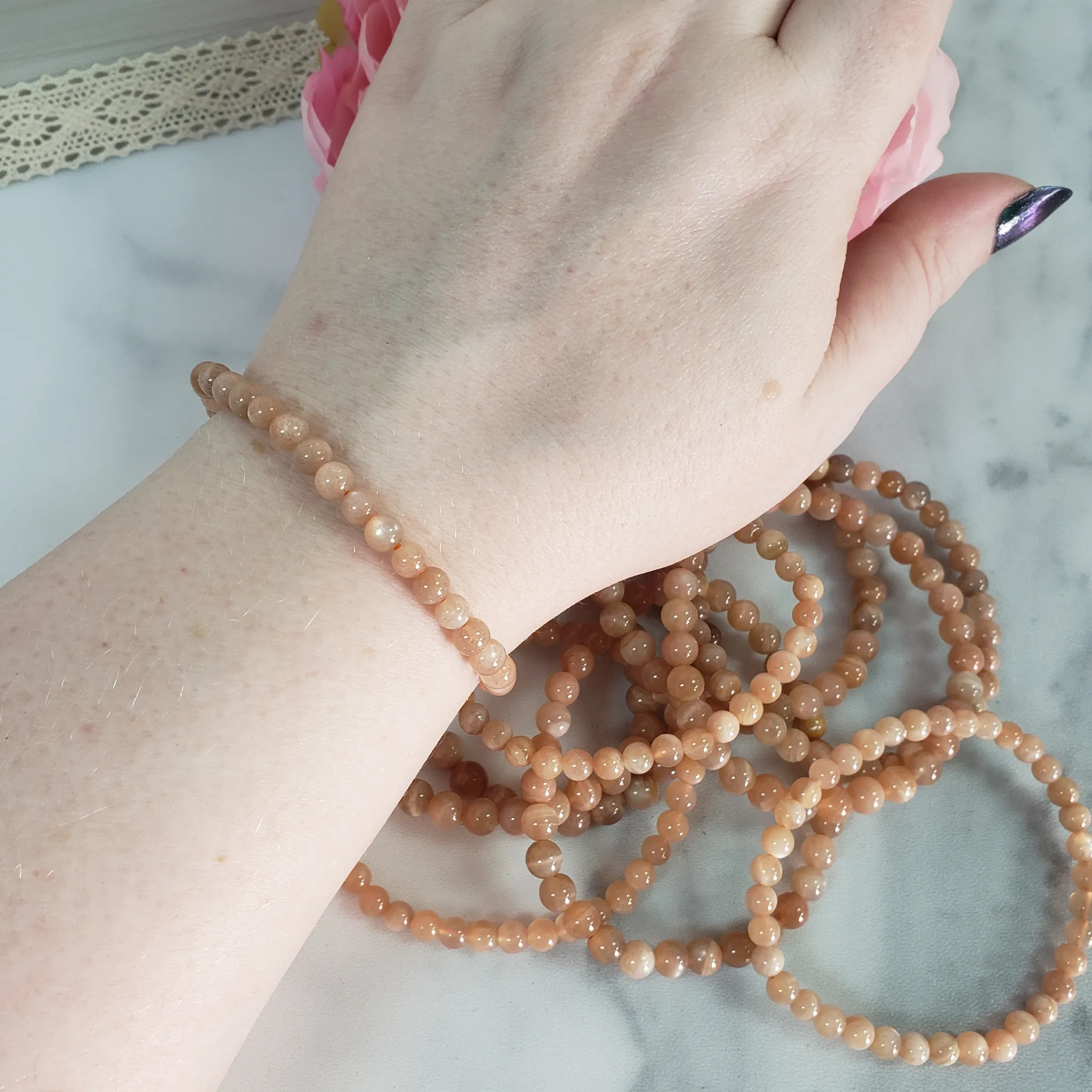 Peach Moonstone Crystal Natural Gemstone 4-6mm Beaded Bracelet