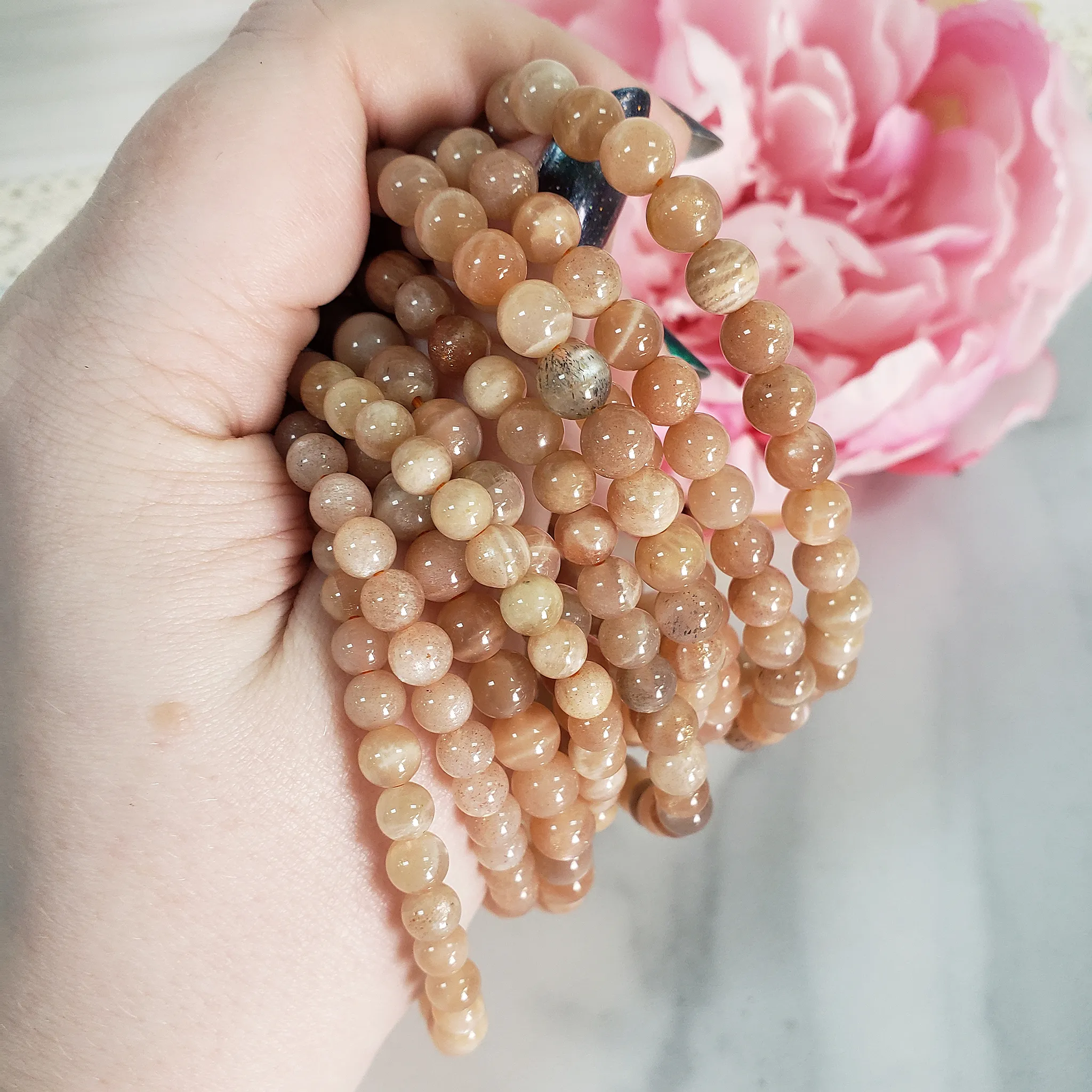 Peach Moonstone Crystal Natural Gemstone 4-6mm Beaded Bracelet
