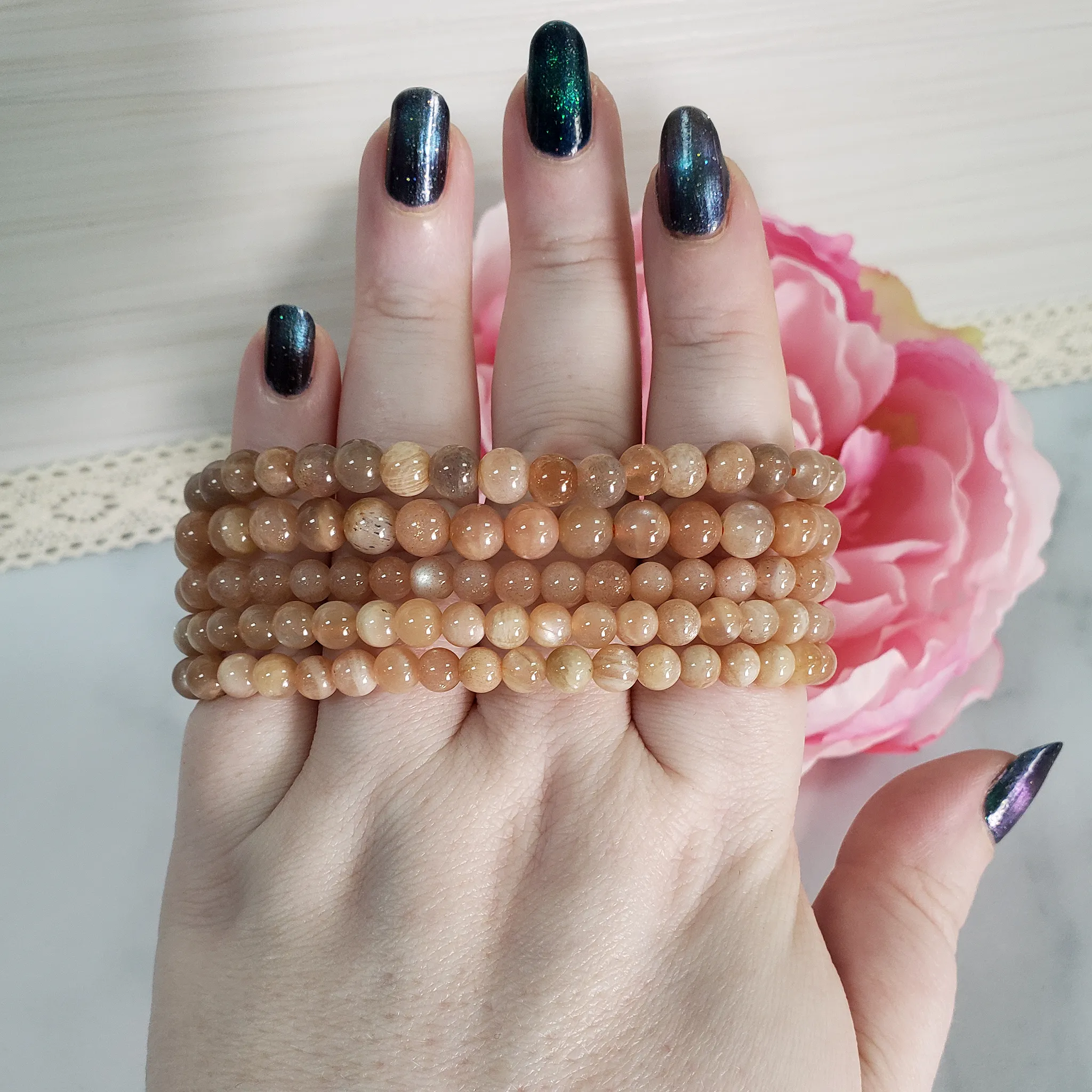Peach Moonstone Crystal Natural Gemstone 4-6mm Beaded Bracelet