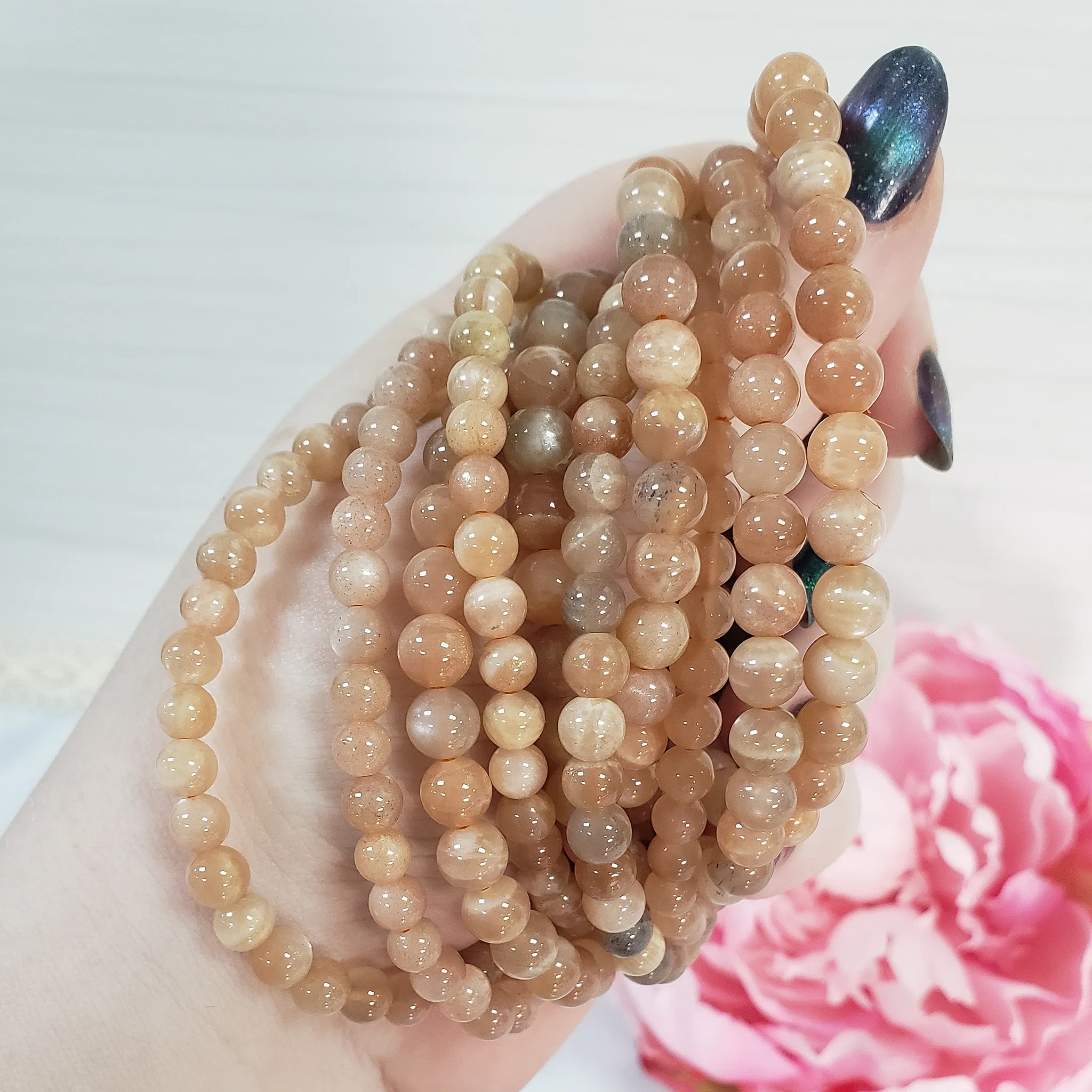 Peach Moonstone Crystal Natural Gemstone 4-6mm Beaded Bracelet