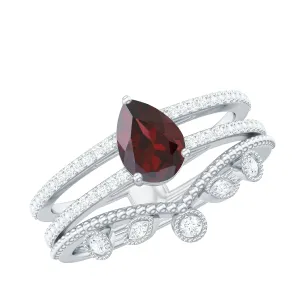Pear Cut Natural Garnet and Diamond Wedding Ring Set