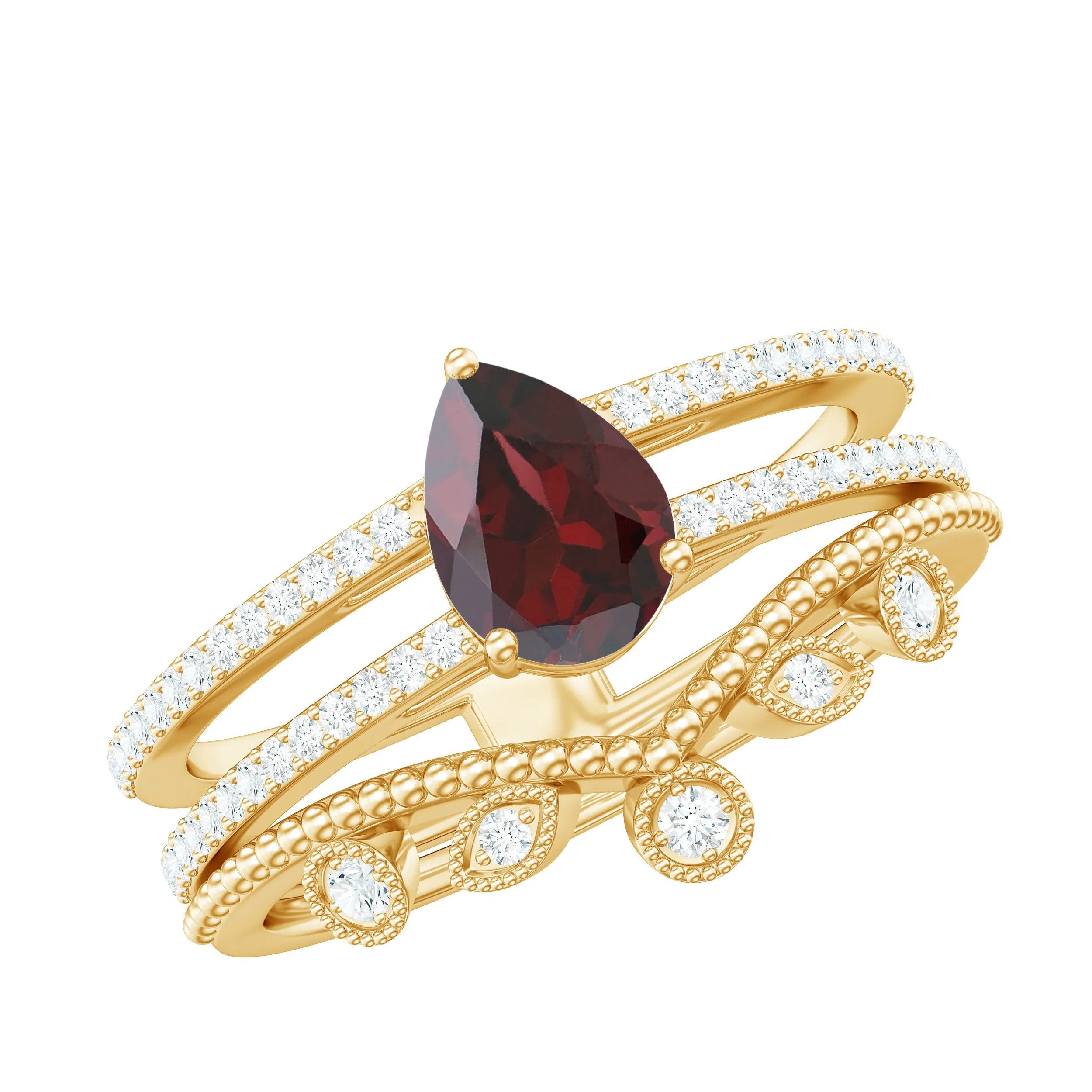 Pear Cut Natural Garnet and Diamond Wedding Ring Set