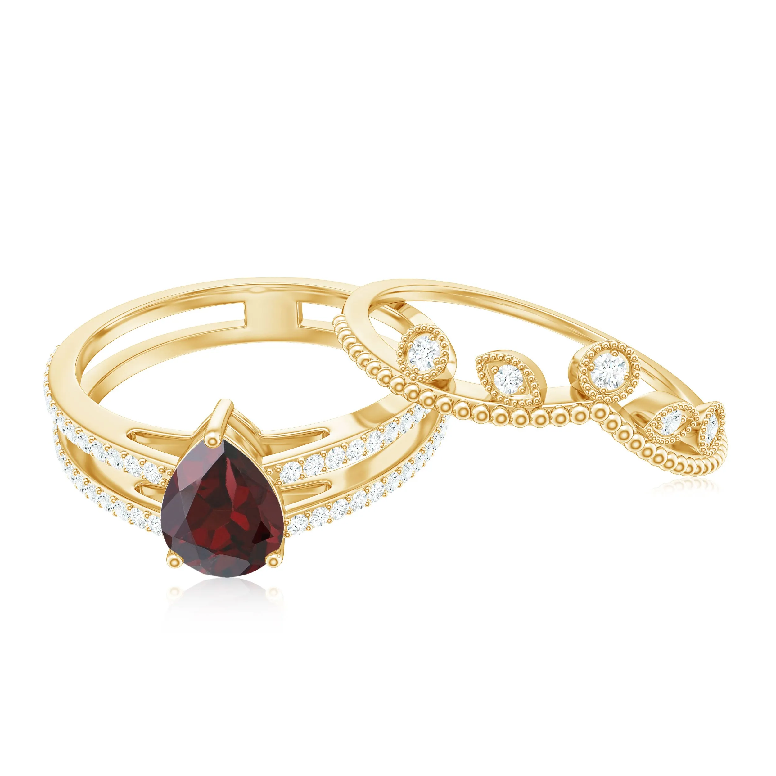 Pear Cut Natural Garnet and Diamond Wedding Ring Set