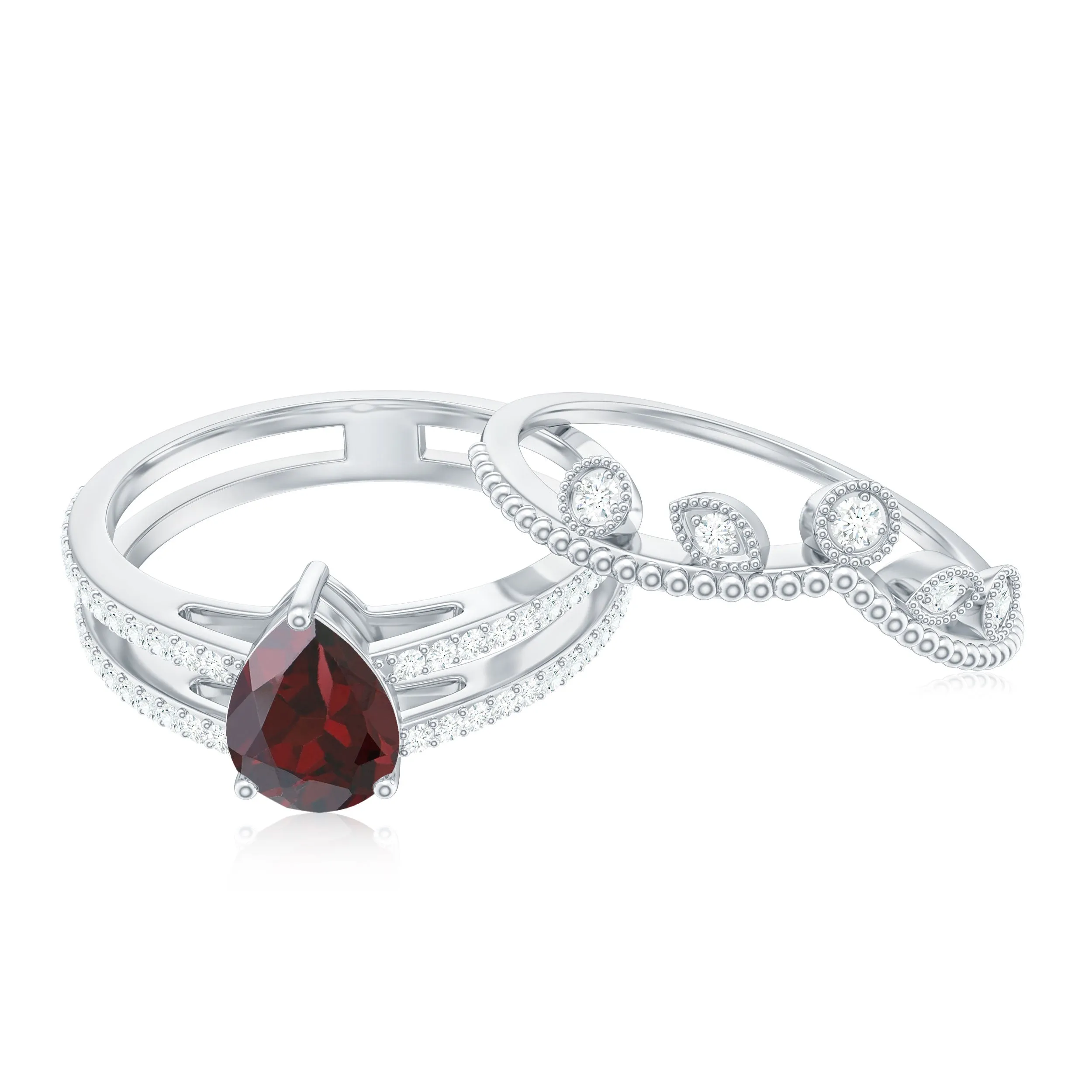 Pear Cut Natural Garnet and Diamond Wedding Ring Set