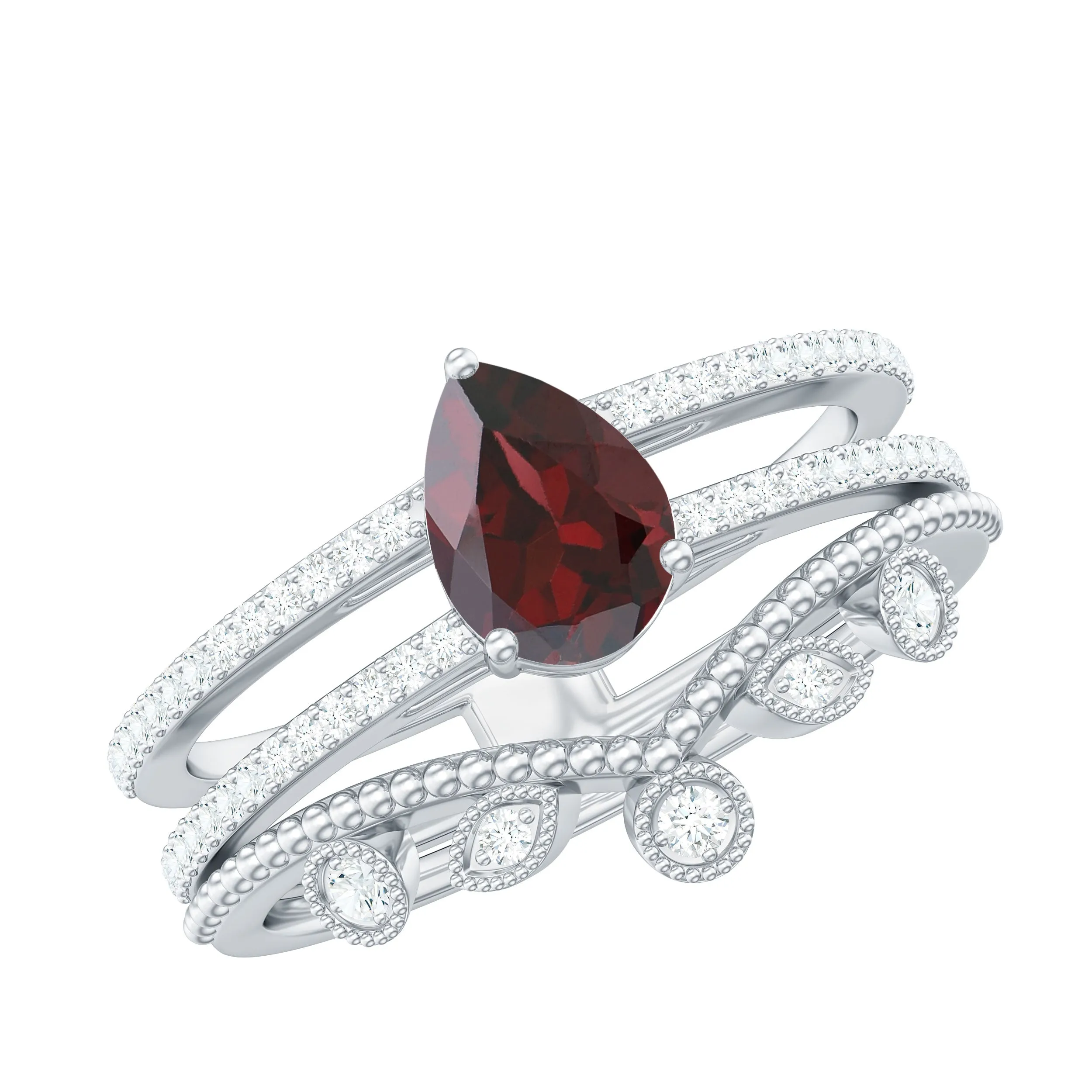 Pear Cut Natural Garnet and Diamond Wedding Ring Set
