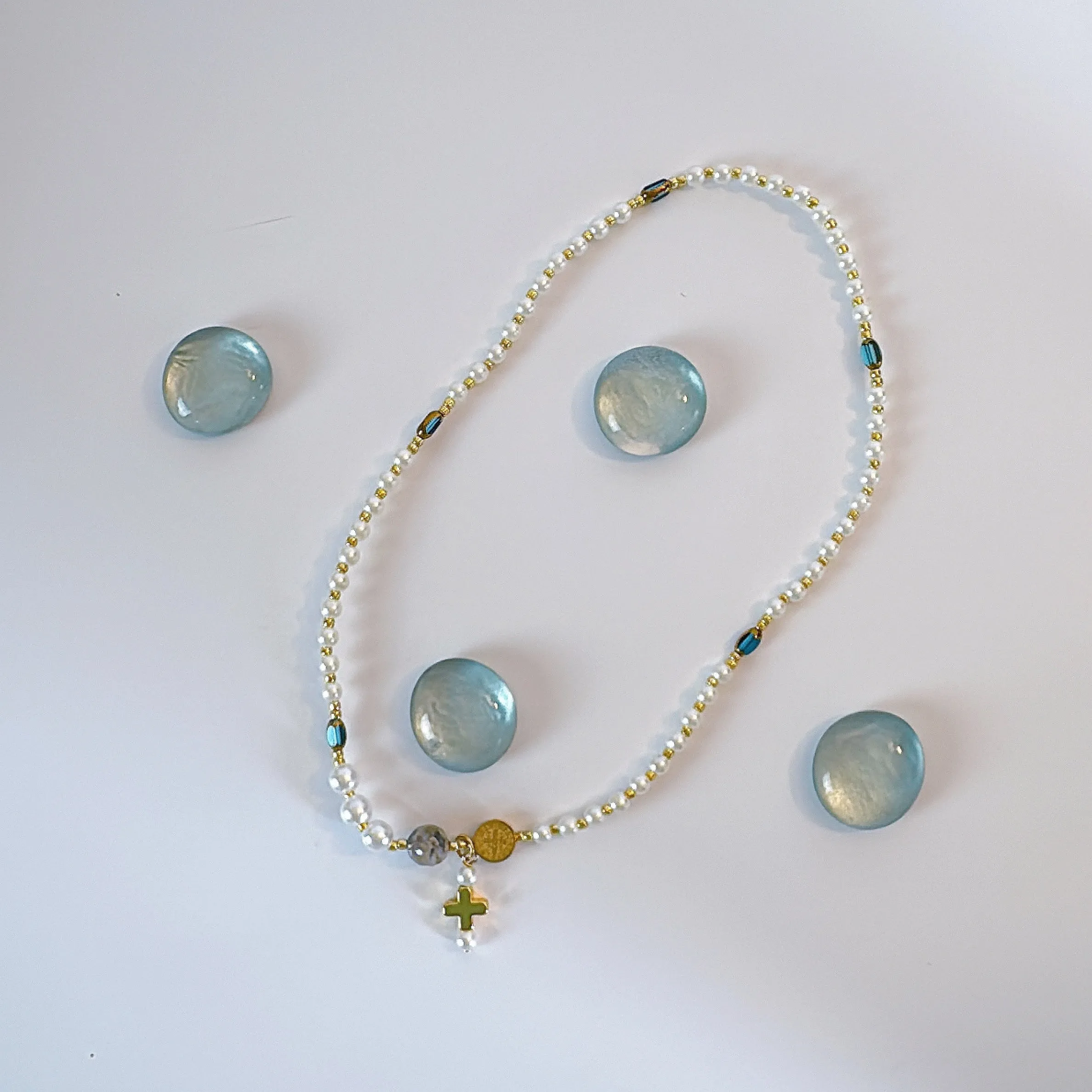 Pearl Beads with Clear Blue Crystals Rosary Bracelet