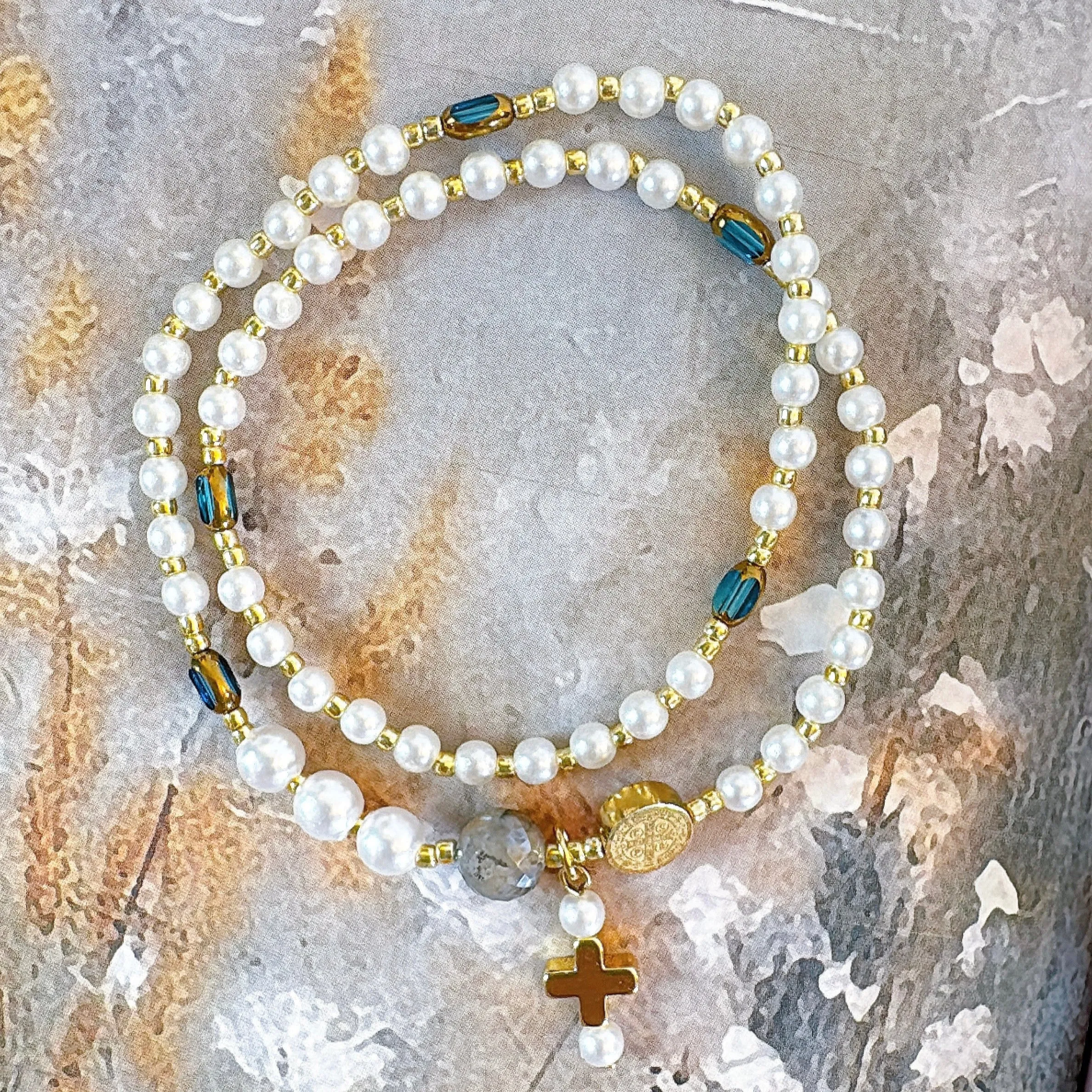 Pearl Beads with Clear Blue Crystals Rosary Bracelet