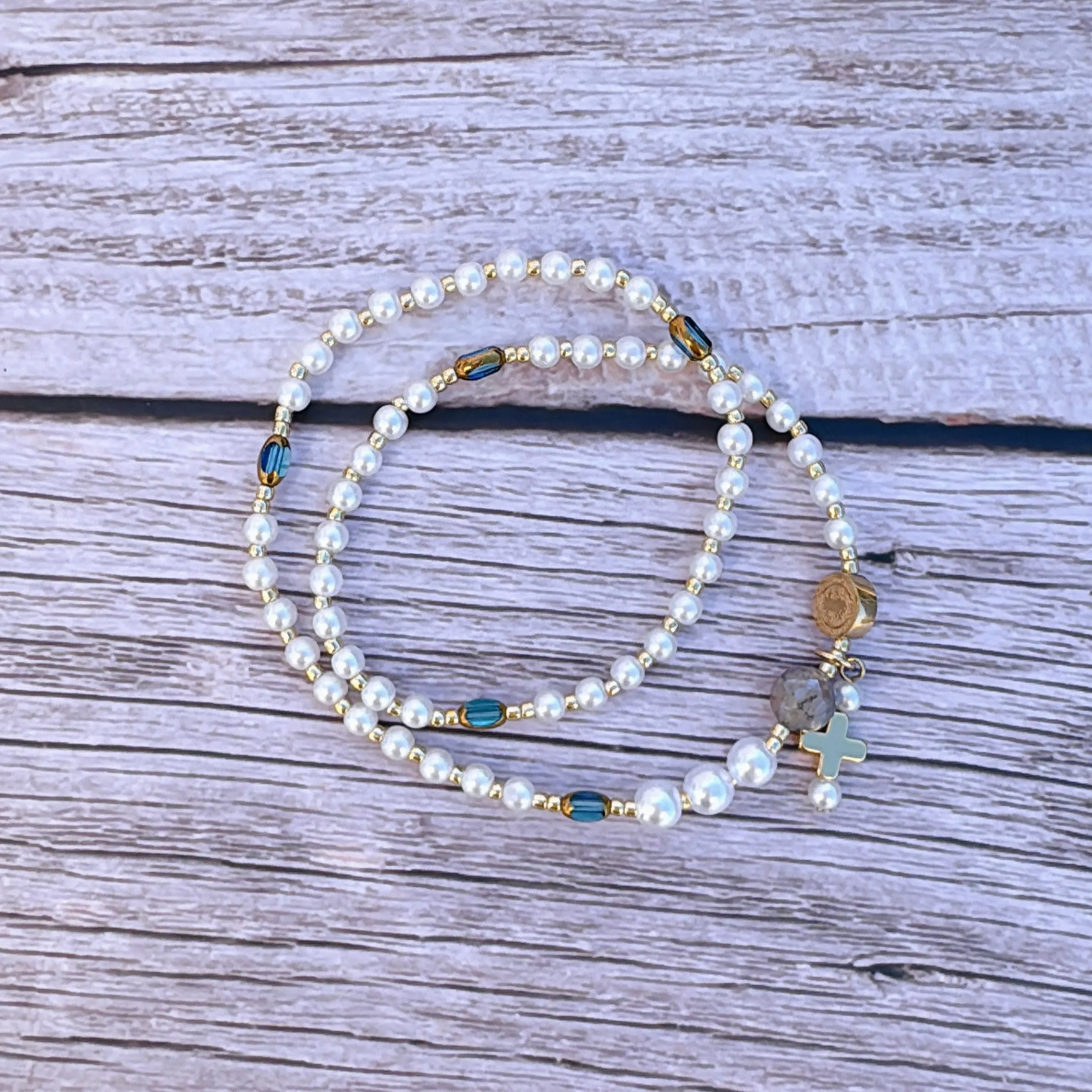 Pearl Beads with Clear Blue Crystals Rosary Bracelet
