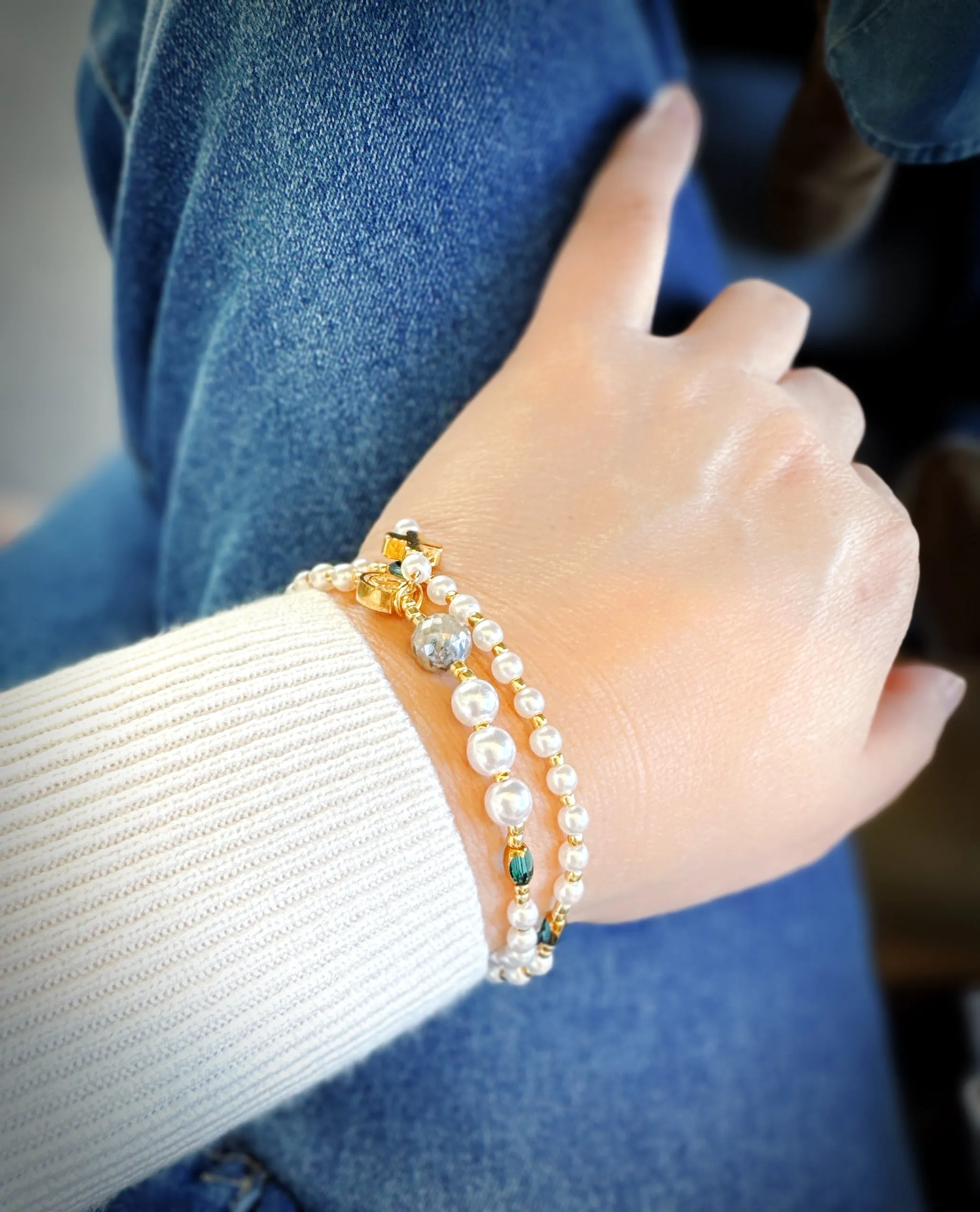 Pearl Beads with Clear Blue Crystals Rosary Bracelet