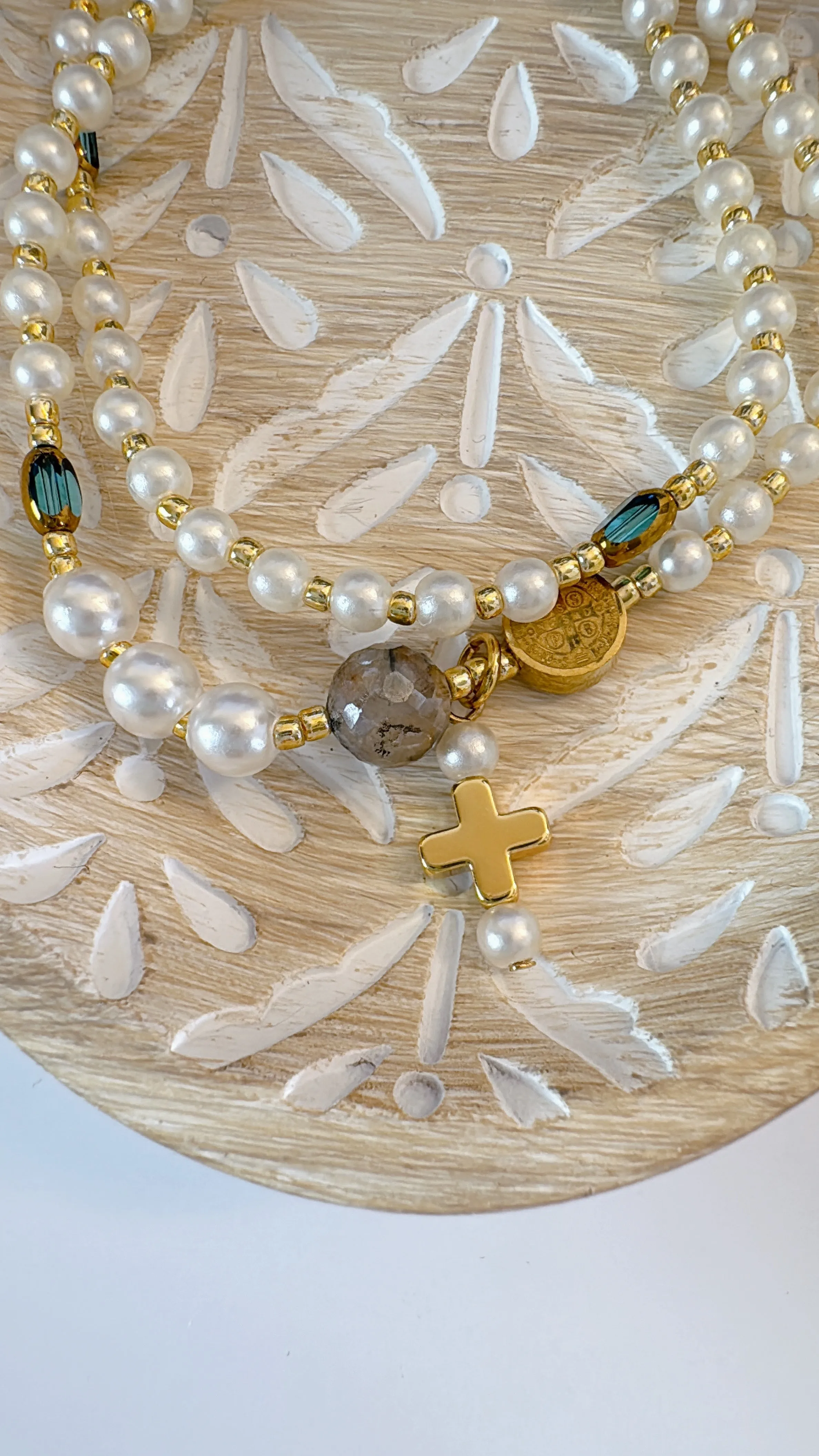 Pearl Beads with Clear Blue Crystals Rosary Bracelet