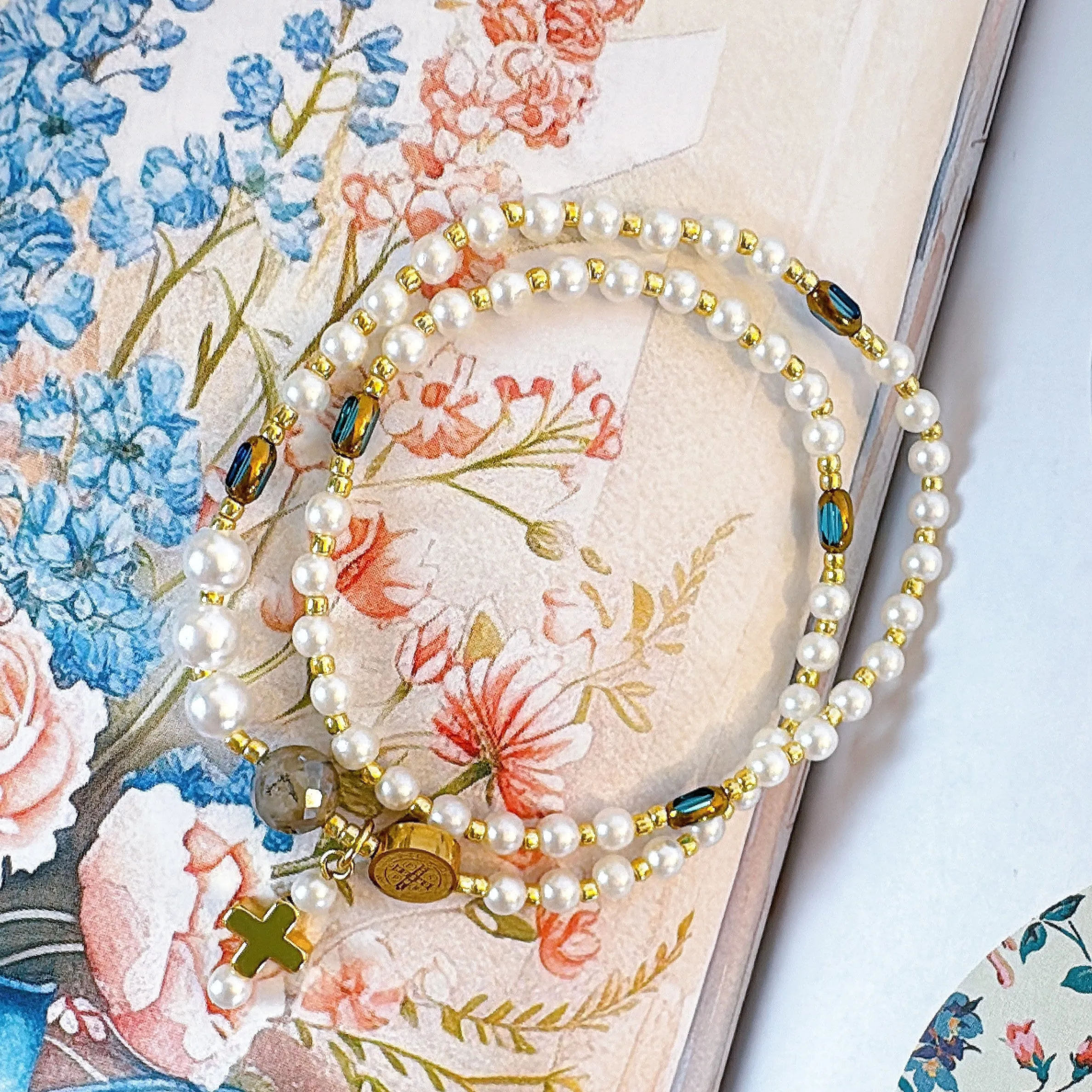 Pearl Beads with Clear Blue Crystals Rosary Bracelet