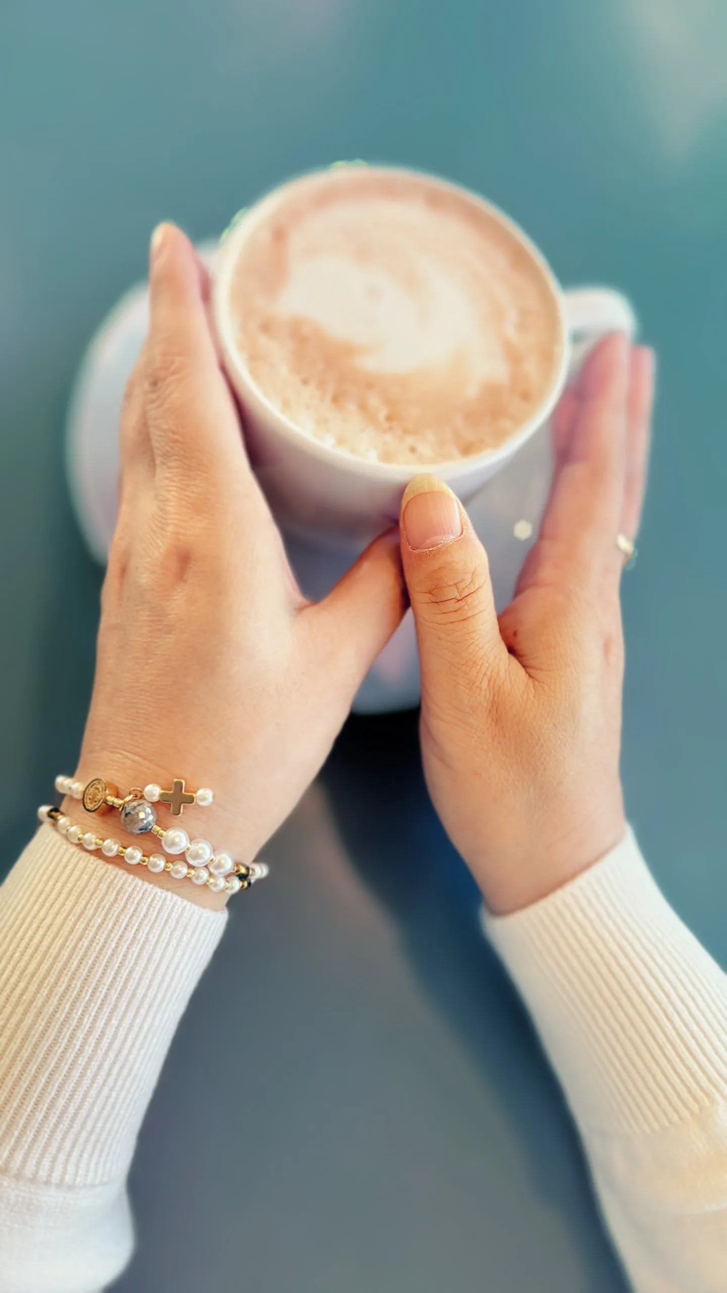 Pearl Beads with Clear Blue Crystals Rosary Bracelet