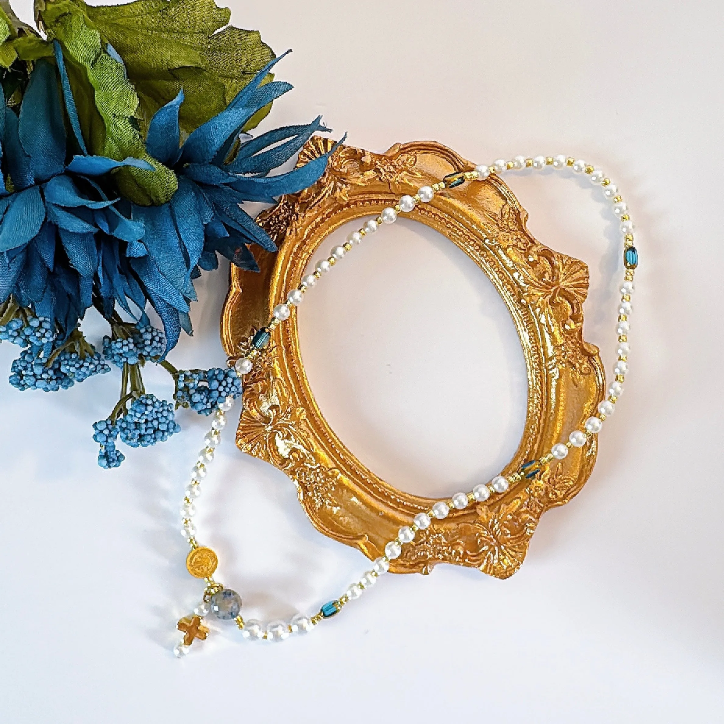 Pearl Beads with Clear Blue Crystals Rosary Bracelet