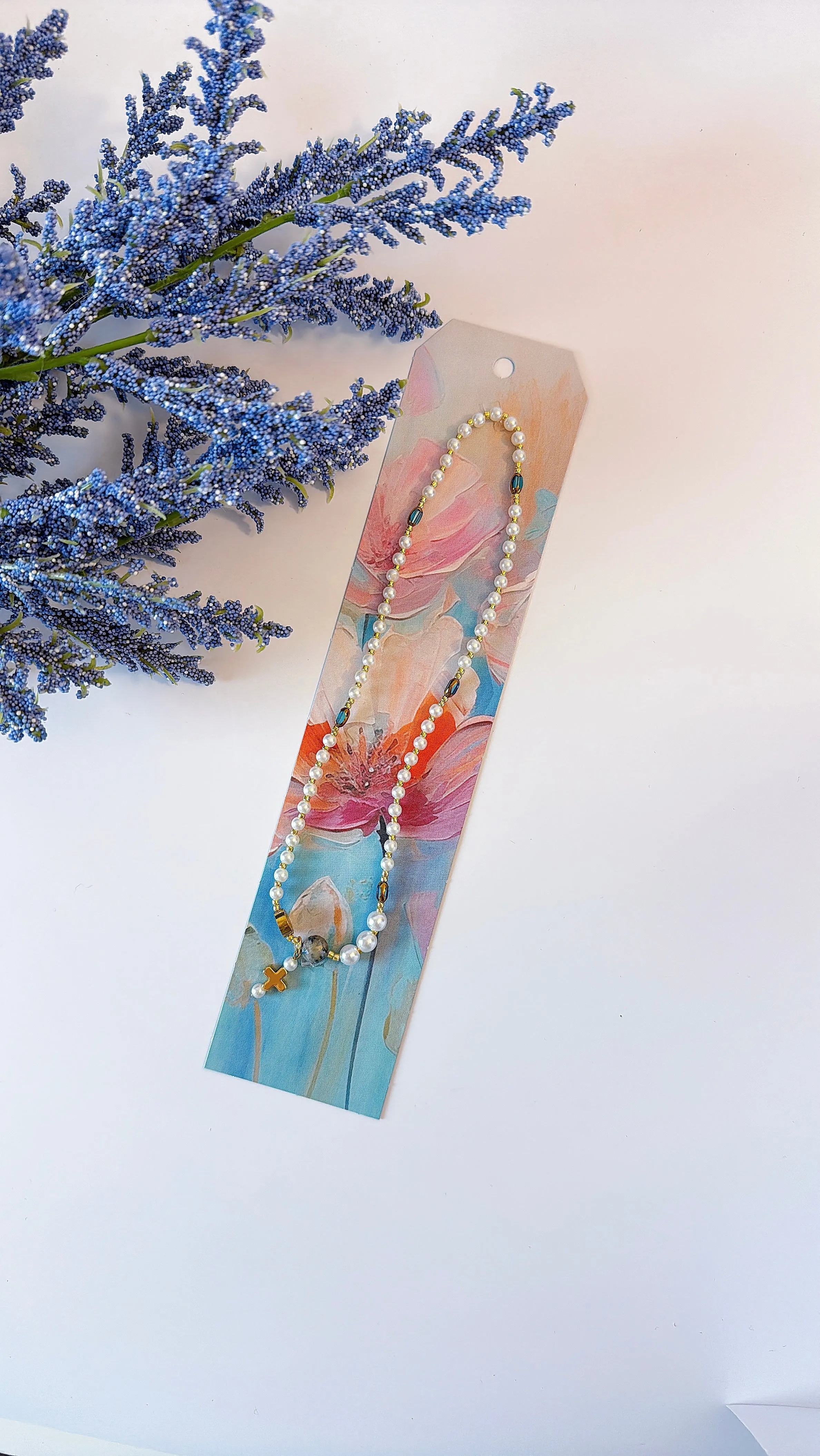 Pearl Beads with Clear Blue Crystals Rosary Bracelet