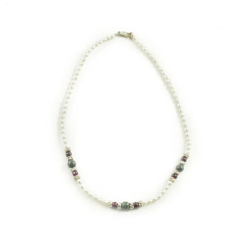 Pearl Necklace with Dark Green Jade and Garnet