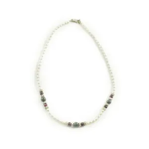 Pearl Necklace with Dark Green Jade and Garnet