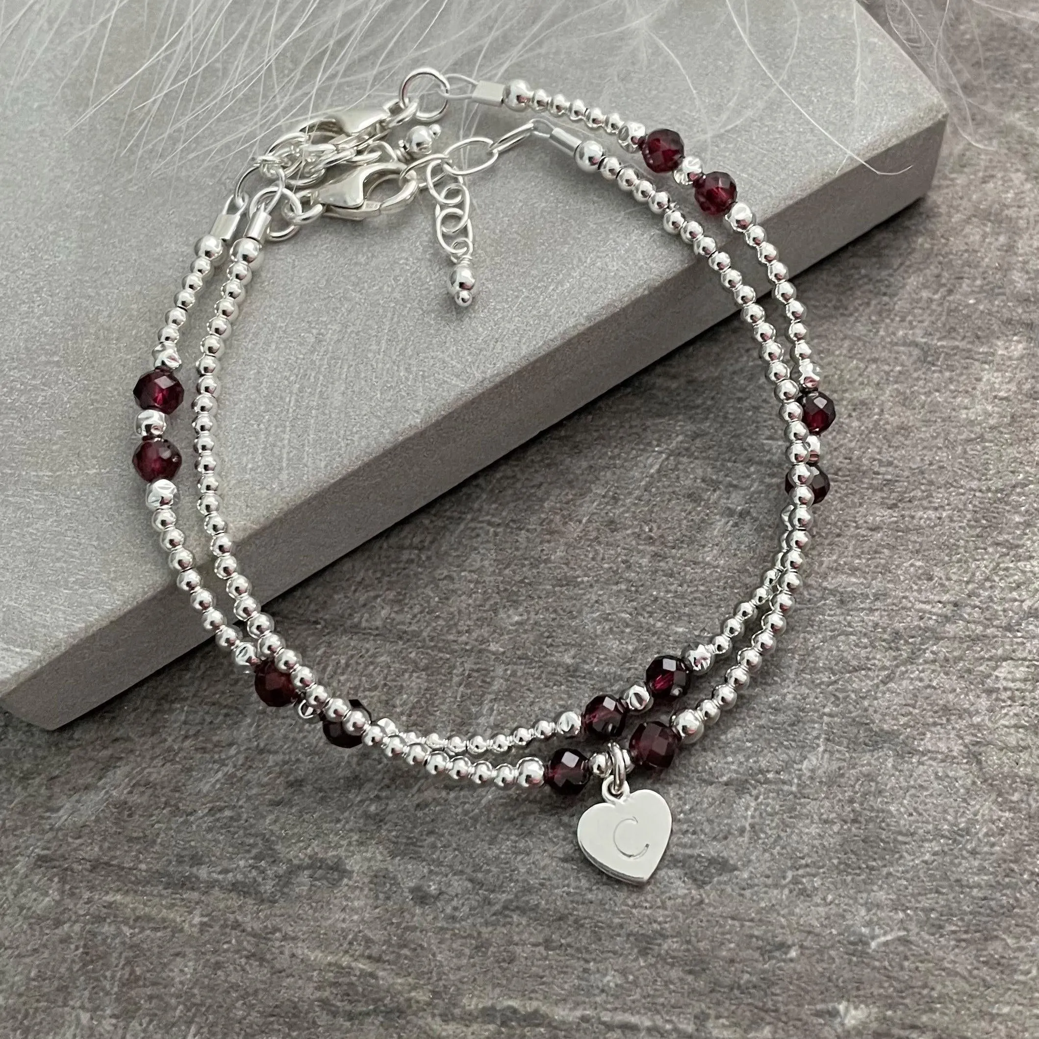 Personalised Bracelet Set with Garnet, January Birthstone Jewellery
