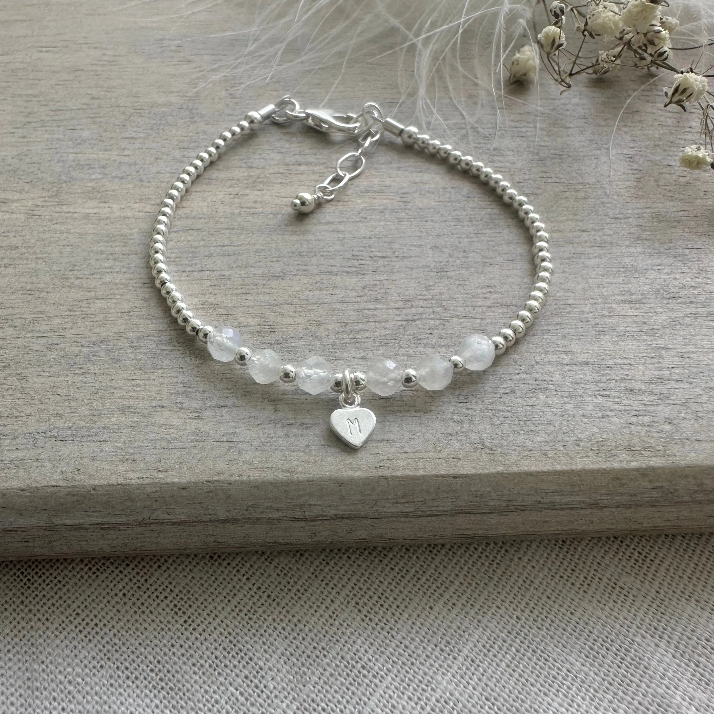 Personalised Moonstone Bracelet,  , Dainty June Birthstone Jewellery in Sterling Silver