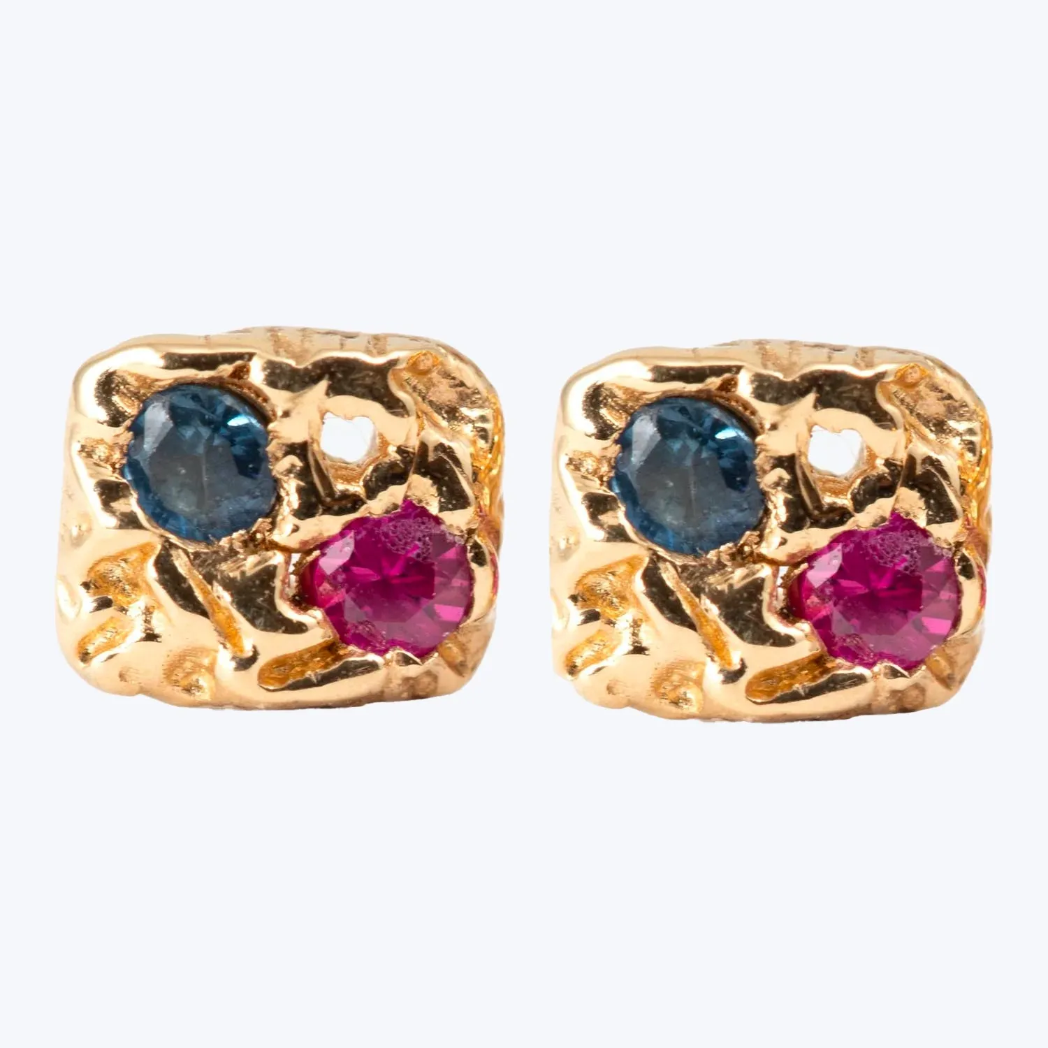 Pink & Blue Sapphire Etched Square Stud Earrings
