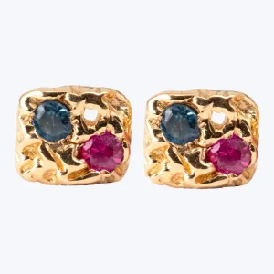 Pink & Blue Sapphire Etched Square Stud Earrings