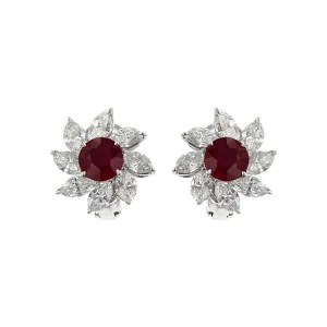 Platinum Ruby and Marquise Diamond Halo Stud Earrings