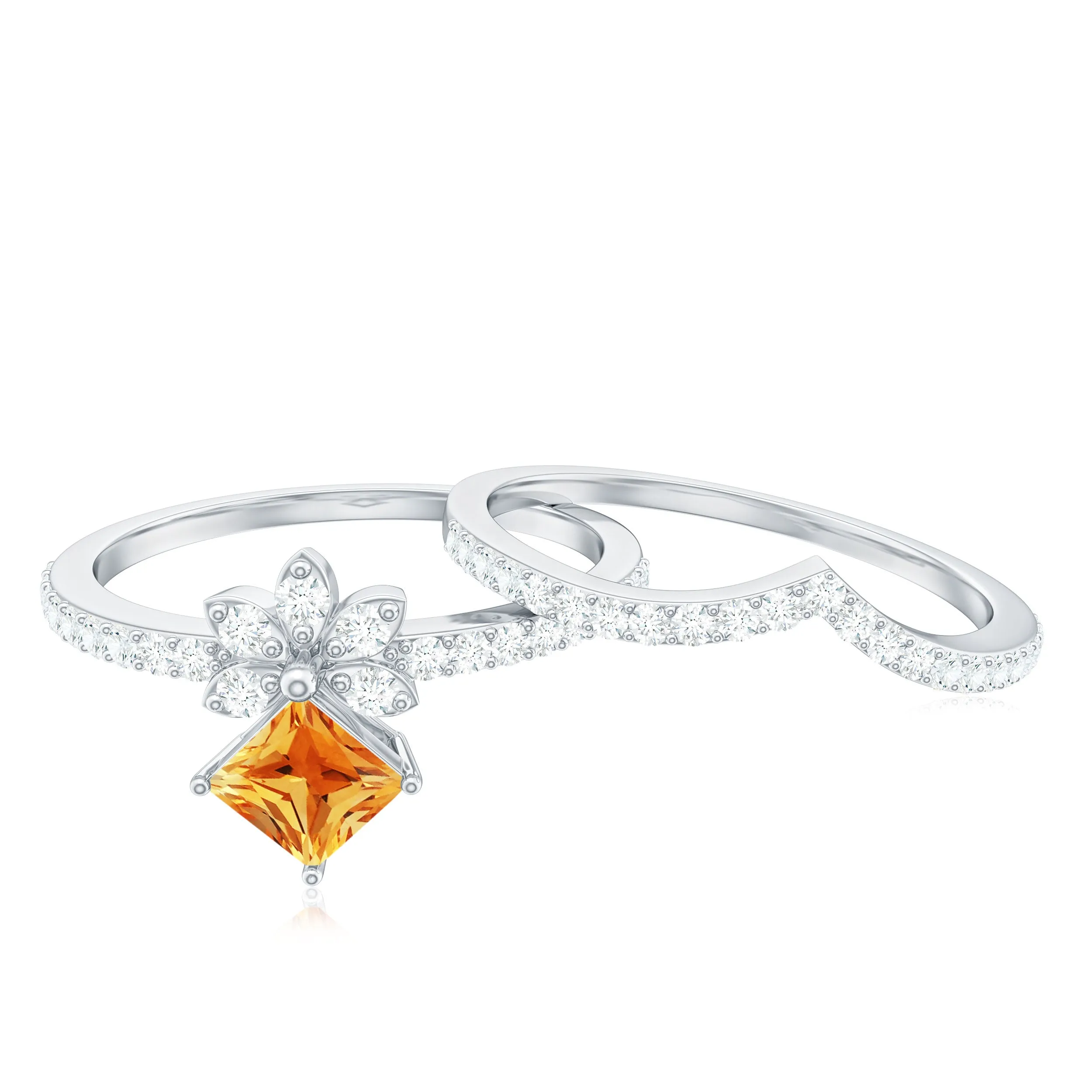 Princess Cut Citrine and Moissanite Flower Ring Set