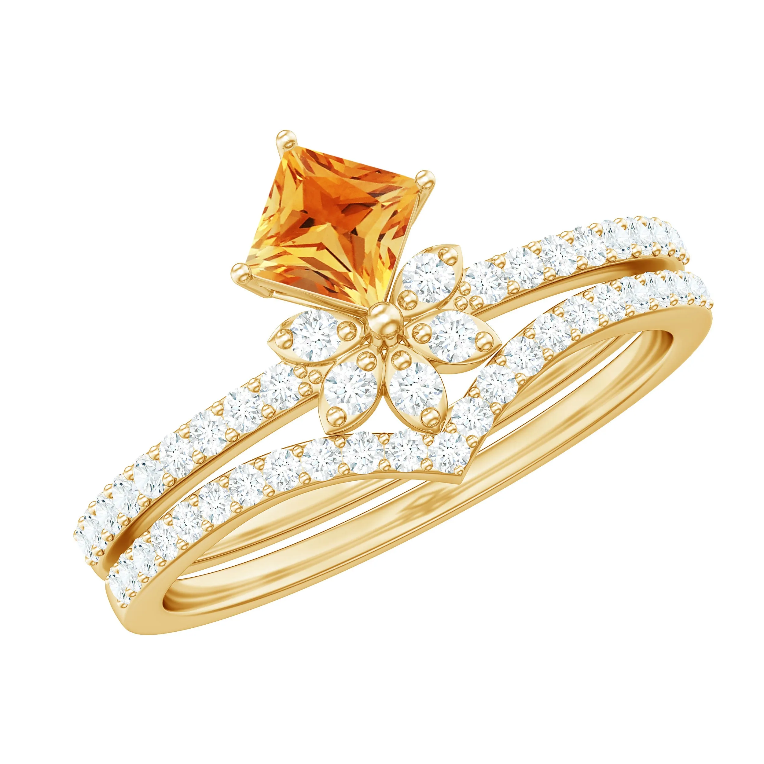 Princess Cut Citrine and Moissanite Flower Ring Set