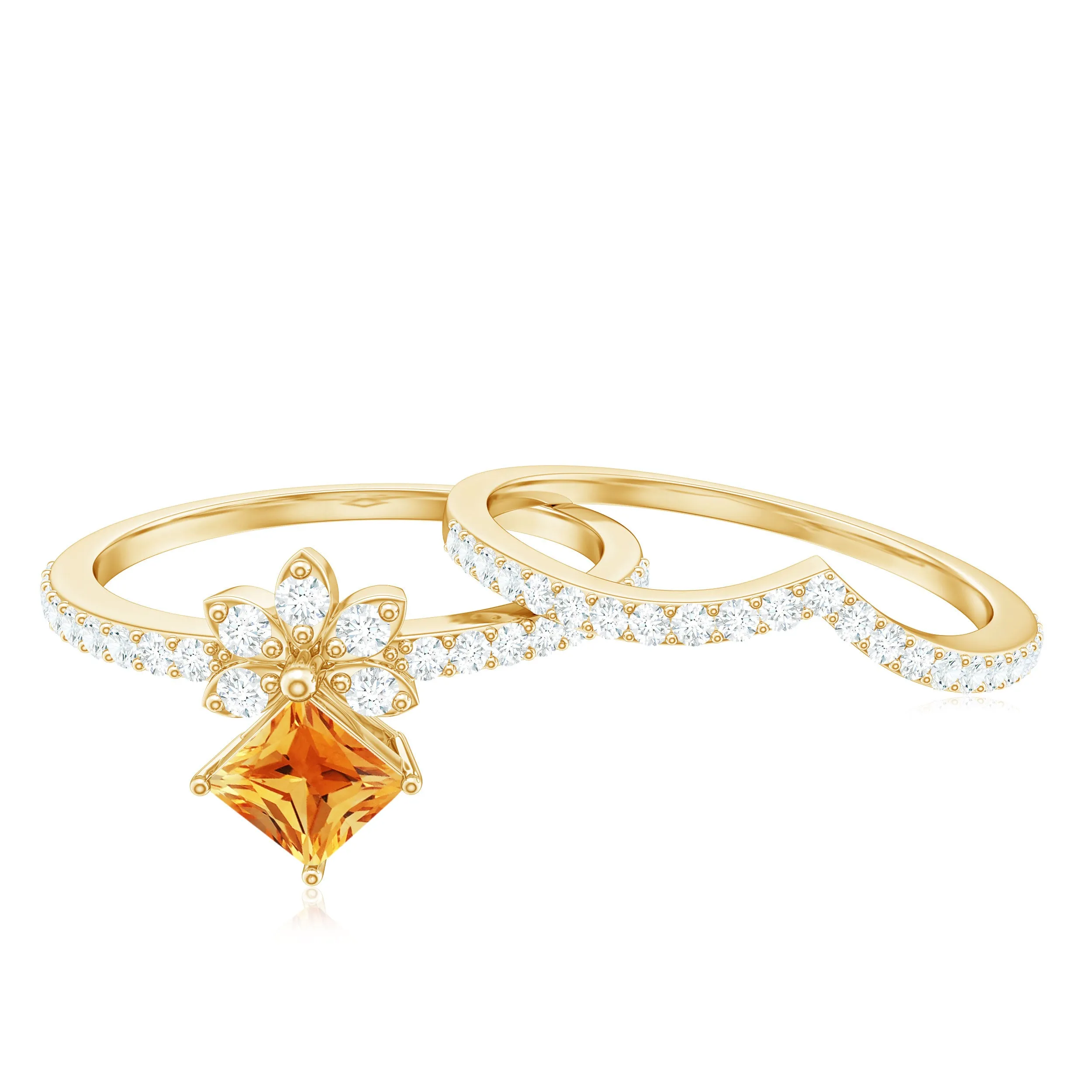 Princess Cut Citrine and Moissanite Flower Ring Set