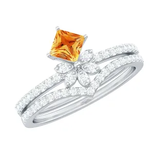 Princess Cut Citrine and Moissanite Flower Ring Set
