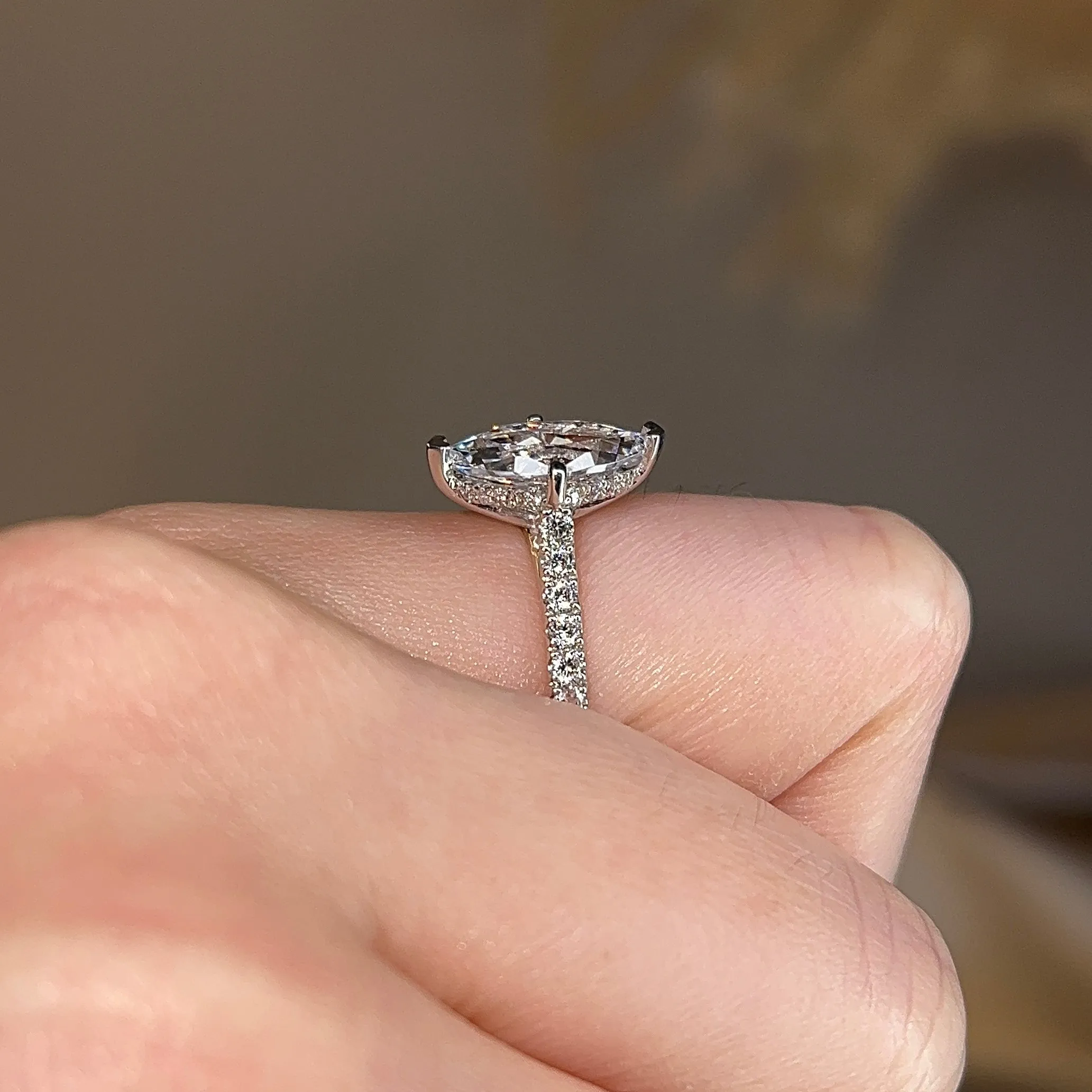 "Moxi" Marquise Cut Diamond Hidden Under Halo Scallop Set Diamond Shoulder Engagement Ring UHMC01