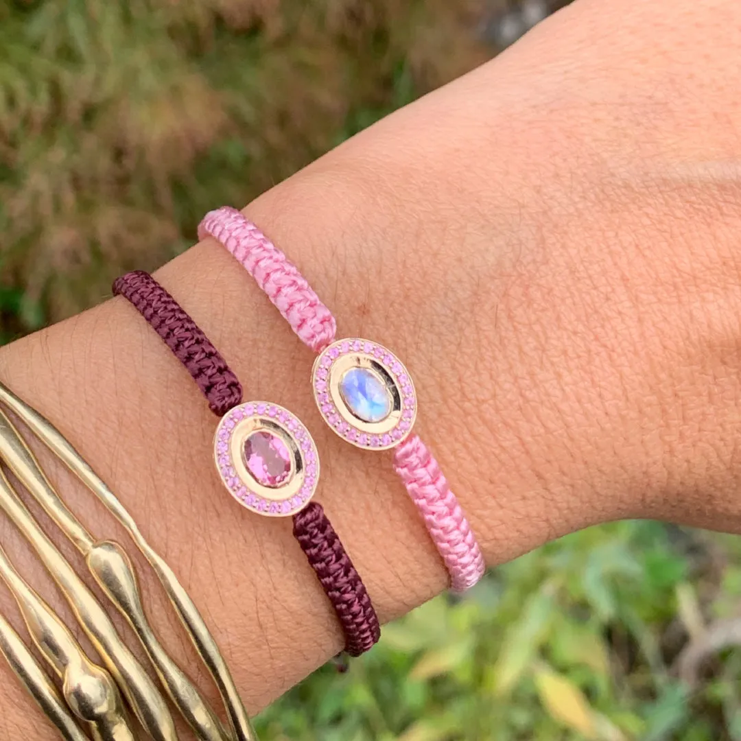 Rainbow Moonstone and Pink Tourmaline braided bracelet in 10k yellow gold.