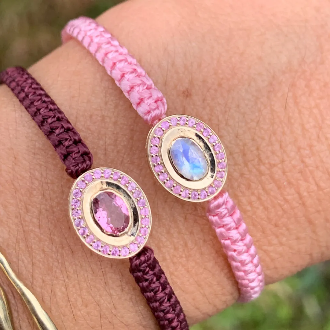 Rainbow Moonstone and Pink Tourmaline braided bracelet in 10k yellow gold.