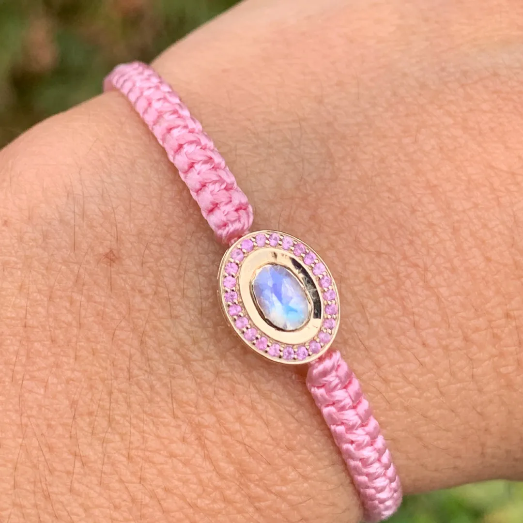 Rainbow Moonstone and Pink Tourmaline braided bracelet in 10k yellow gold.