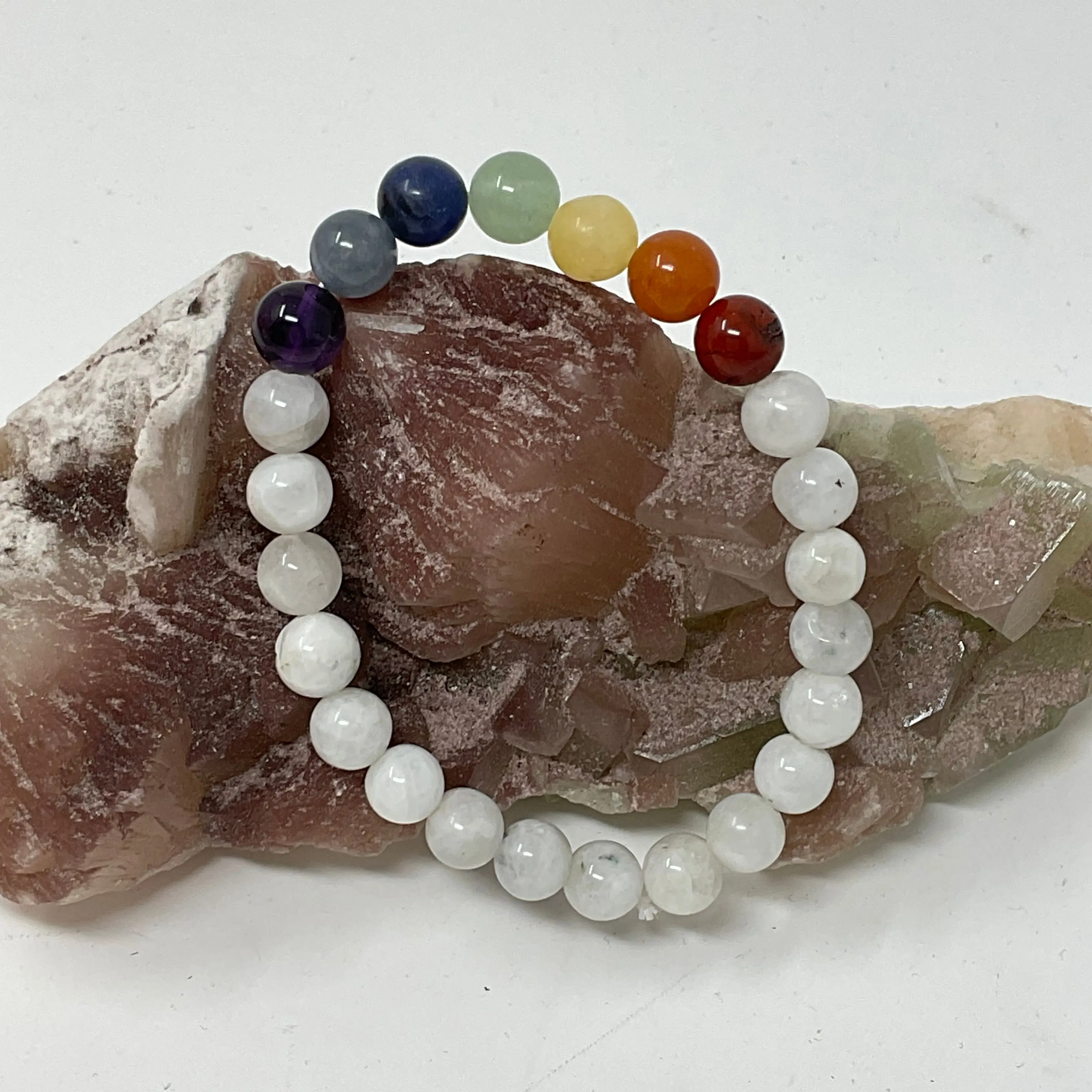 Rainbow Moonstone with 7-Mineral Chakra 8MM 3-Piece Round Bracelet Set